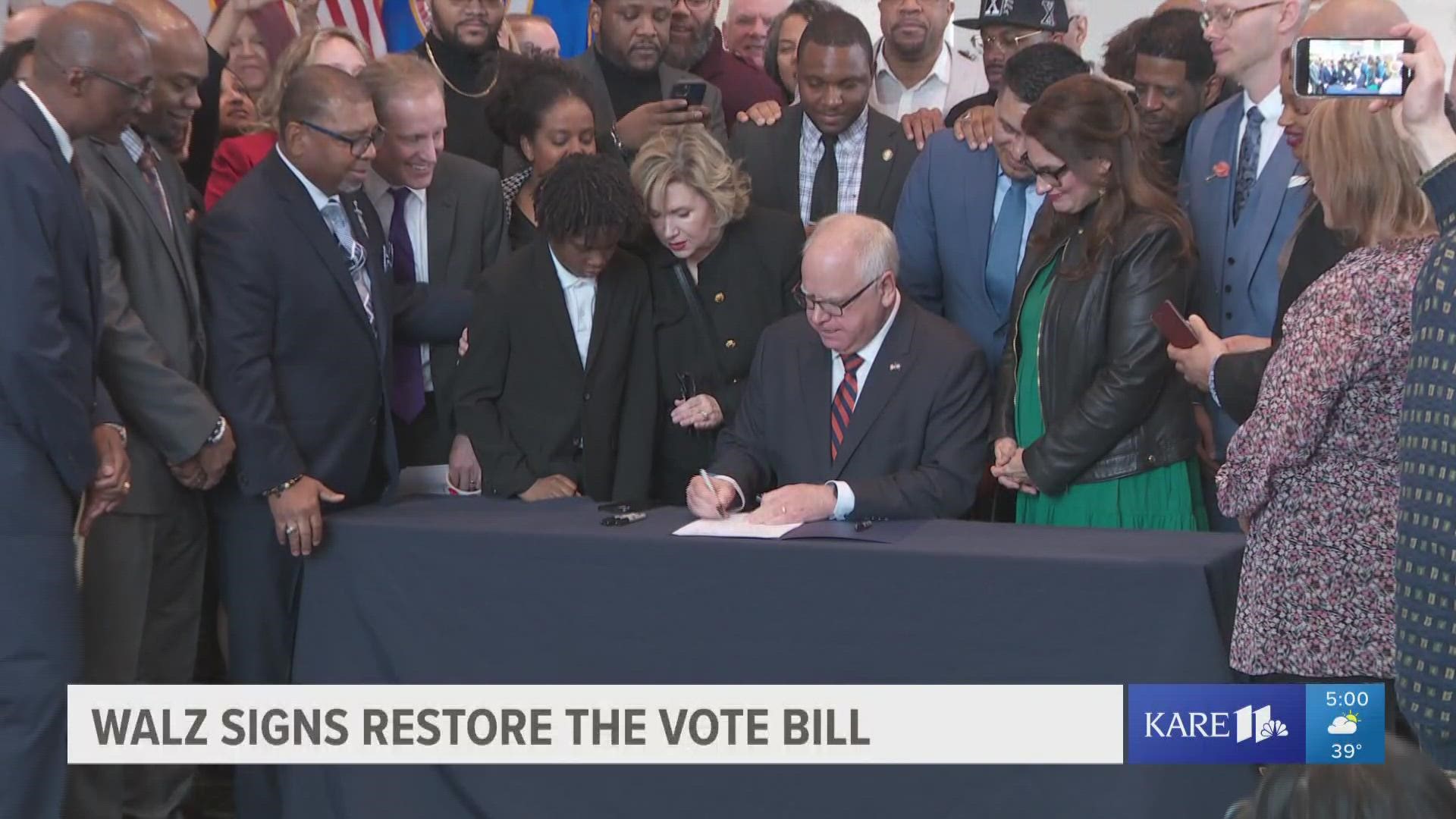 Gov. Walz signed a bill Friday that restores voting rights to 50,000 felony offenders who've previously been barred from voting because they're still on probation.
