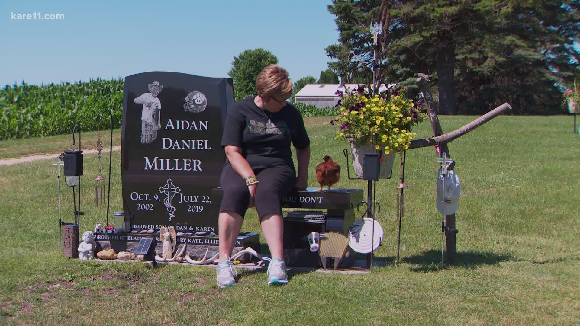 The little red hen arrived at the grave of Aidan Miller just before the one year anniversary of his death