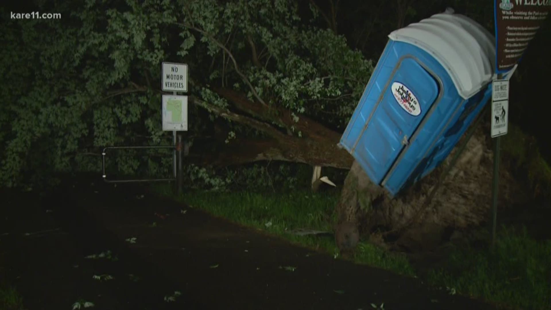 Monday night storms brought 60 mph wind gusts, bringing down several trees and power lines, and reports of golf ball-sized hail. https://kare11.tv/2L5Aa9Y