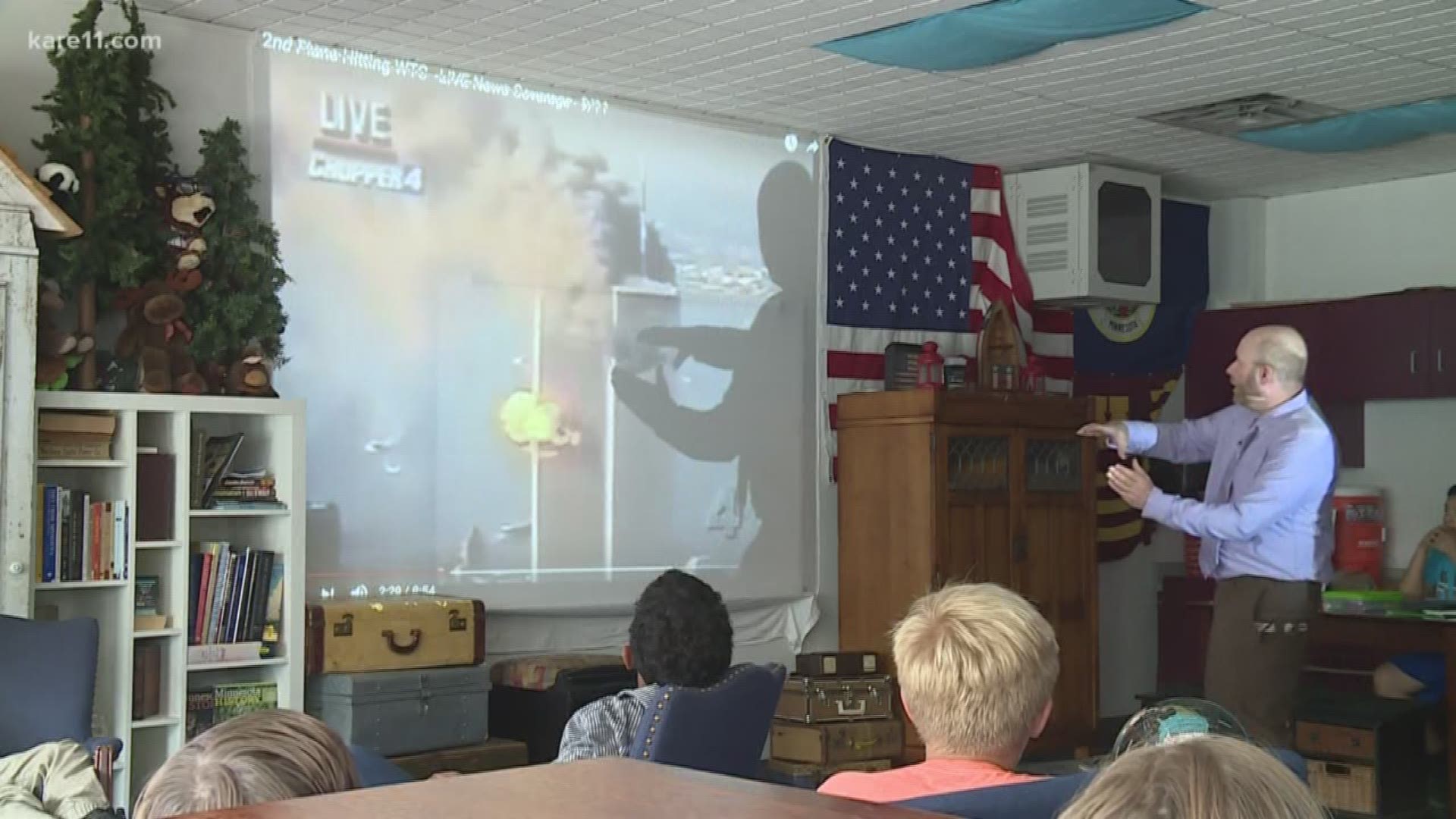 KARE 11 sat in during a sixth-grade class in St. Paul as they learned about 9/11 on Tuesday- an event they did not live through. Mark Westpfahl tells KARE 11's Danny Spewak why it's so important that he makes it real for his students. https://kare11.tv/2N