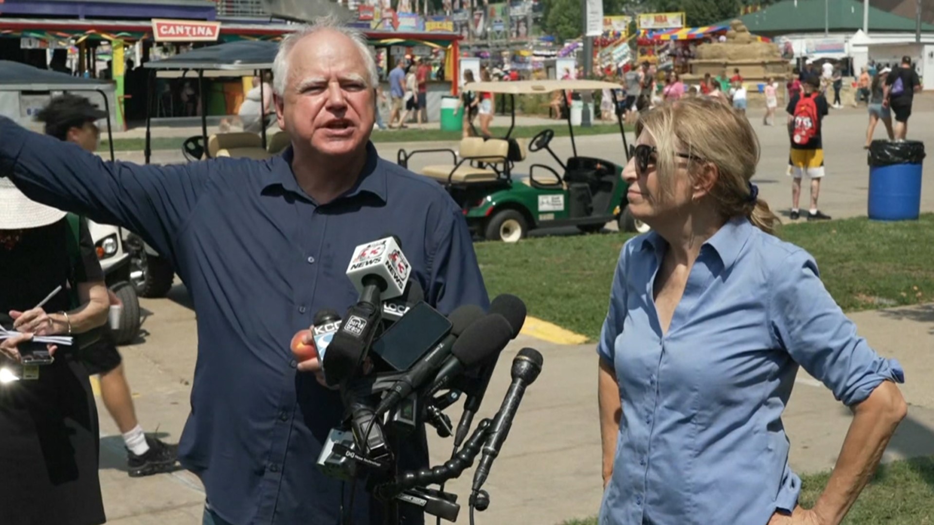 Minnesota Gov. Tim Walz spent Thursday at the Iowa State Fair stumping for the DNC and President Biden, to counteract GOP presidential candidates visiting the fair.