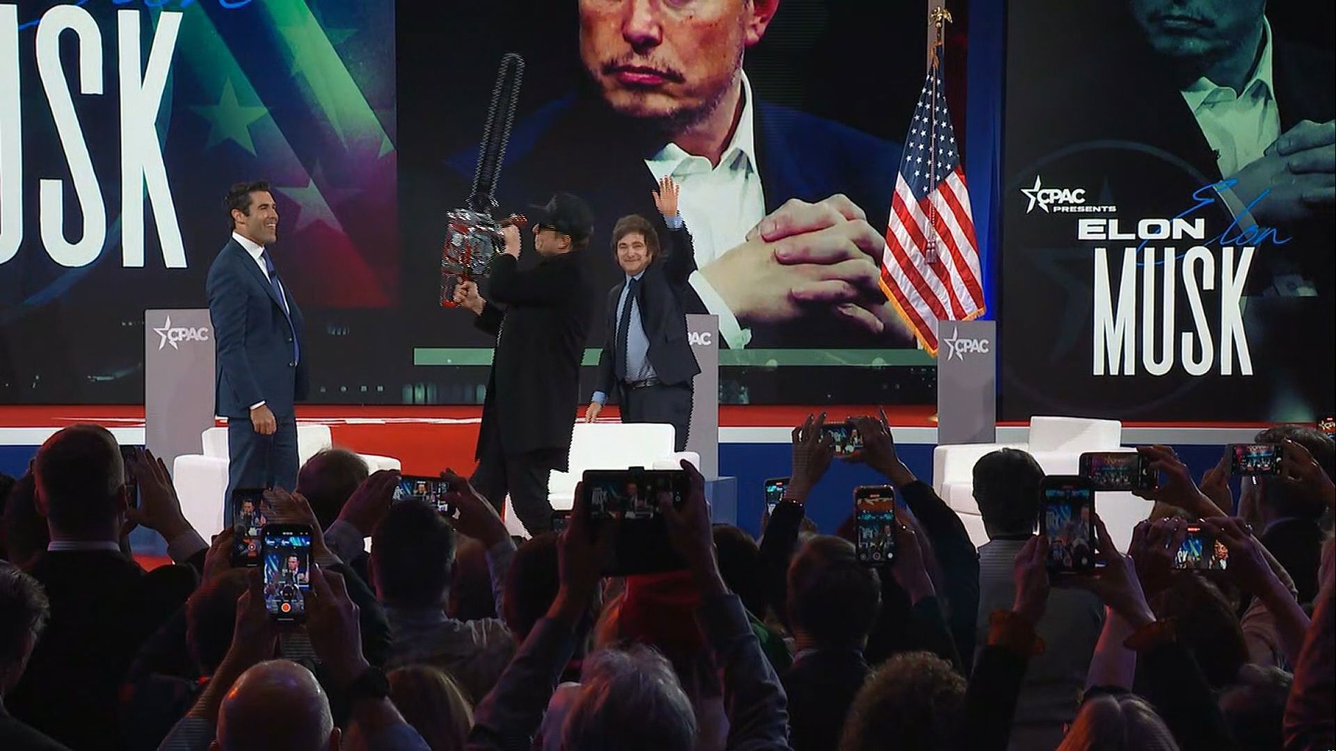 Elon Musk took to a stage in Washington, D.C., on Thursday, waving a blinged-out chainsaw gifted by Argentina's President Javier Melei.