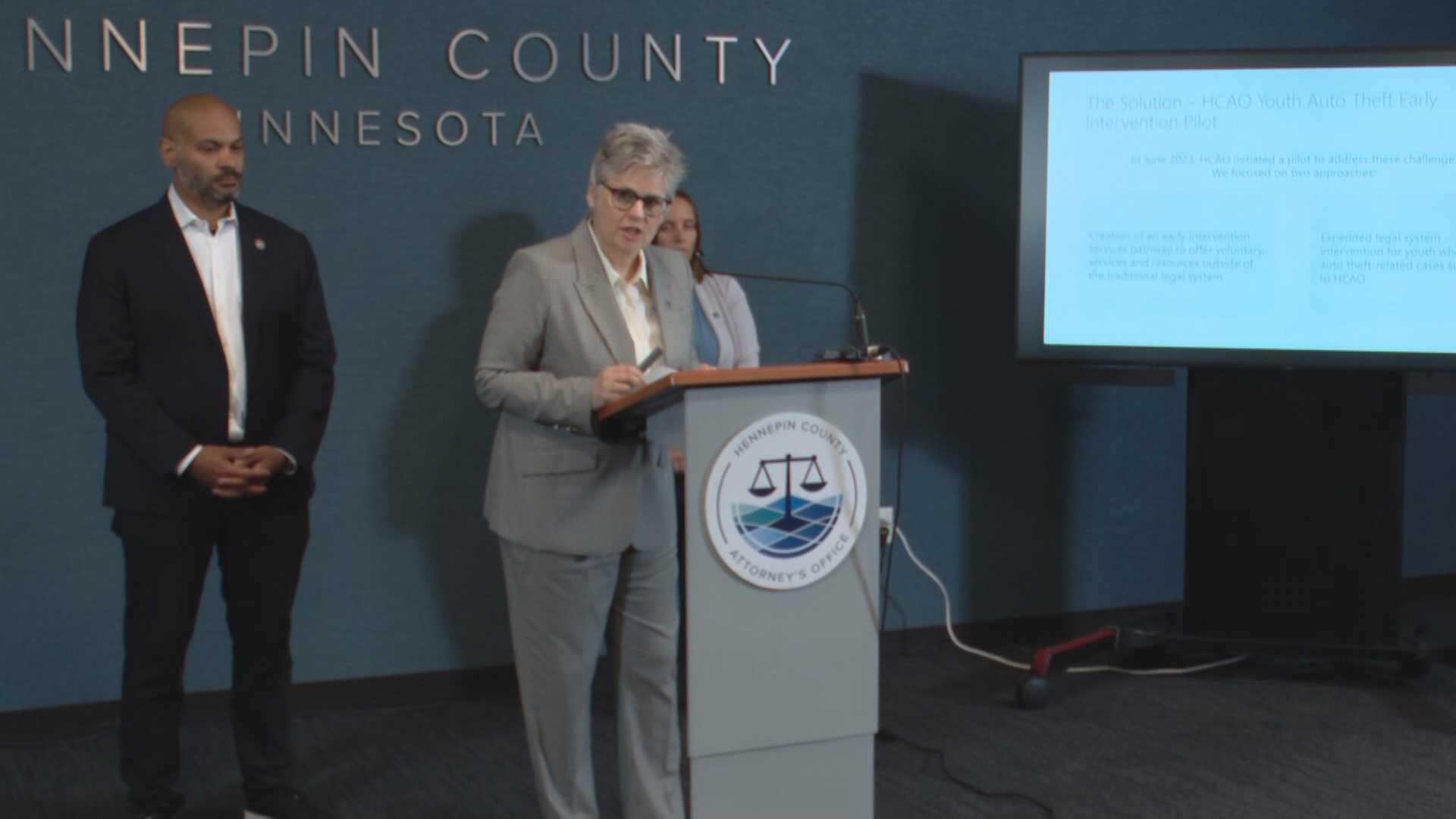 Hennepin County Attorney Mary Moriarty revealed data from a year-long program that successfully helped reduce youth auto thefts and subsequent reoffending.