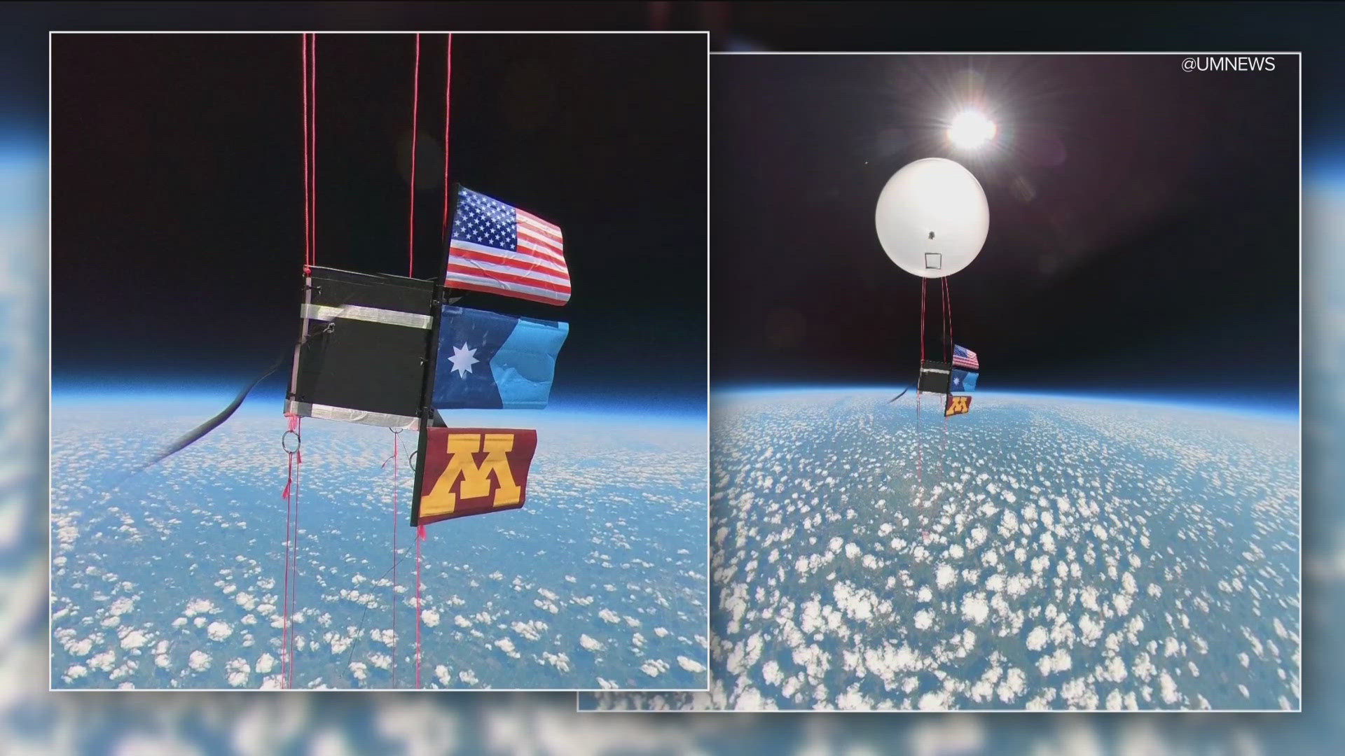 A mechanical engineering team from the University of Minnesota sent the new state flag into space for the first time, flying between a U.S. flag and school flag.