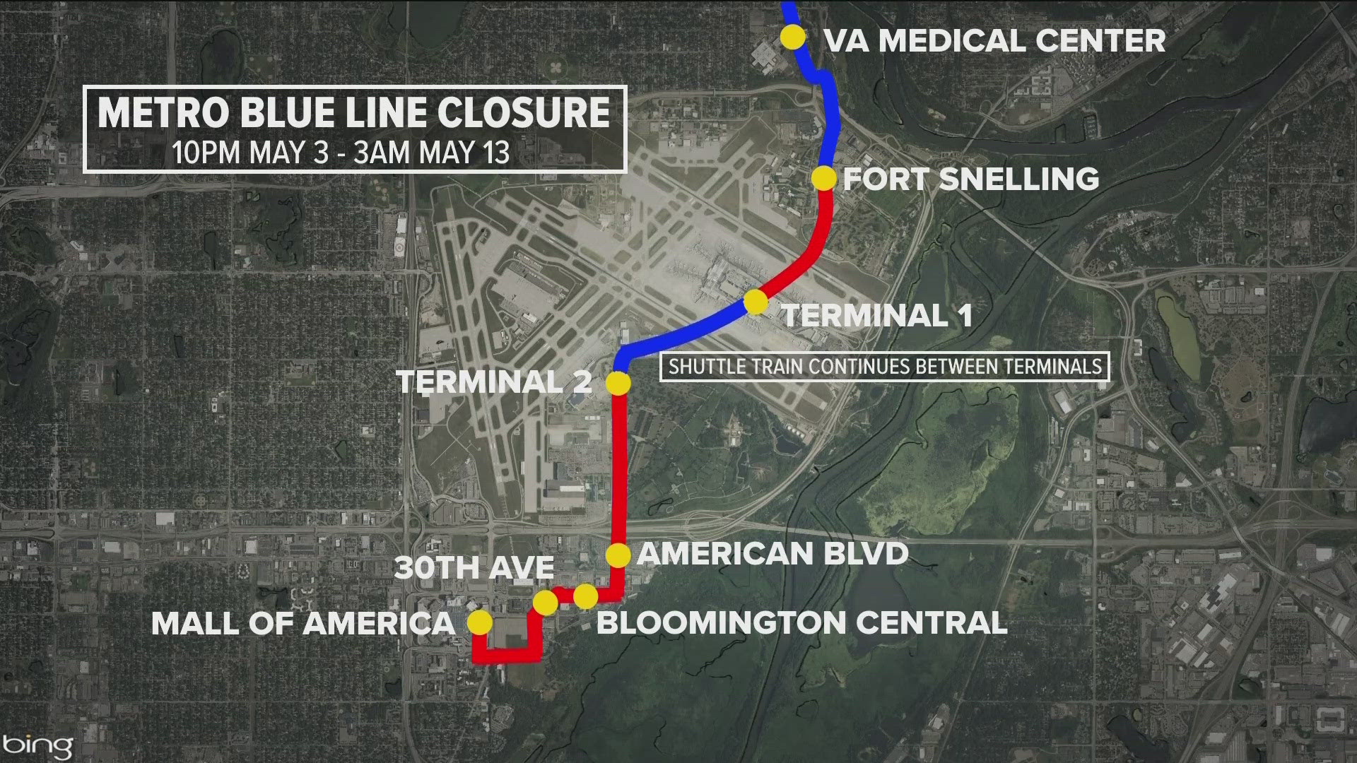 The ten-day closure begins Friday, May 3 at 10 p.m., with light rail trains replaced by bus service between Fort Snelling and Mall of America.