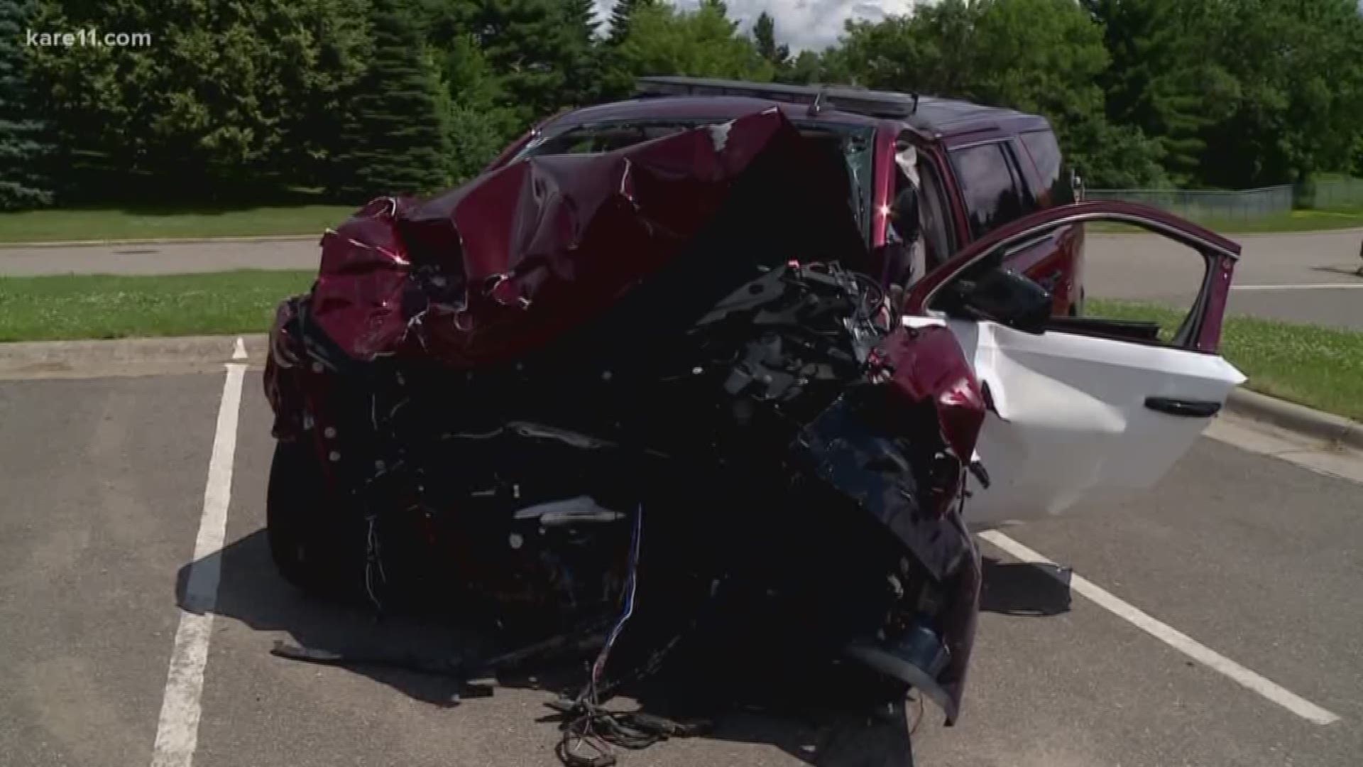 A Minnesota State trooper is back at work after surviving an accident in his car. Sergeant Mike Krukowski wants people to see the mangled squad vehicle from his head-on accident last year.