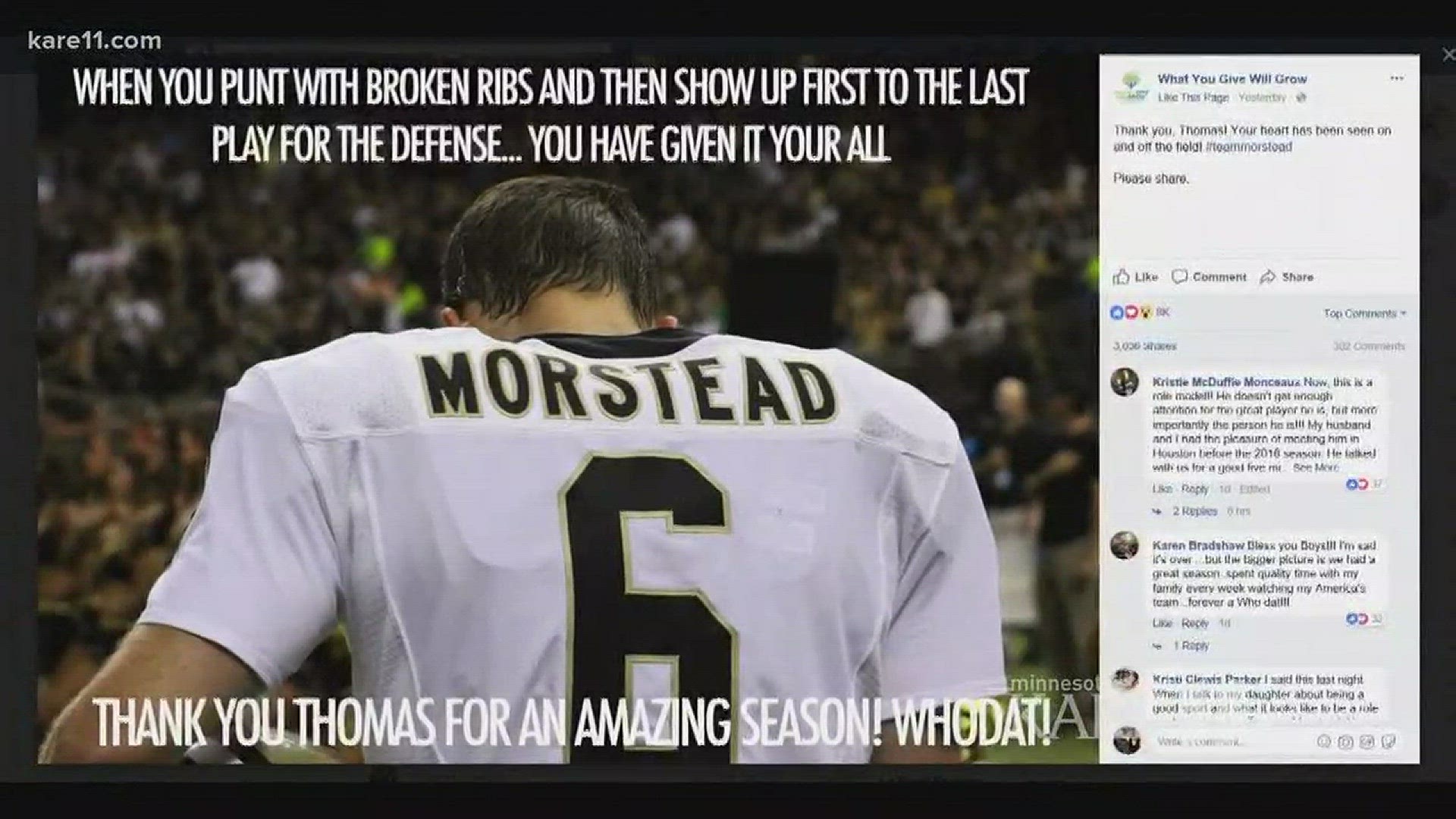 Saints punter Thomas Morstead, injured early on, was the epitome of sportsmanship at the end of the game. Lindsey Seavert shows us how his actions are helping others in Minnesota.