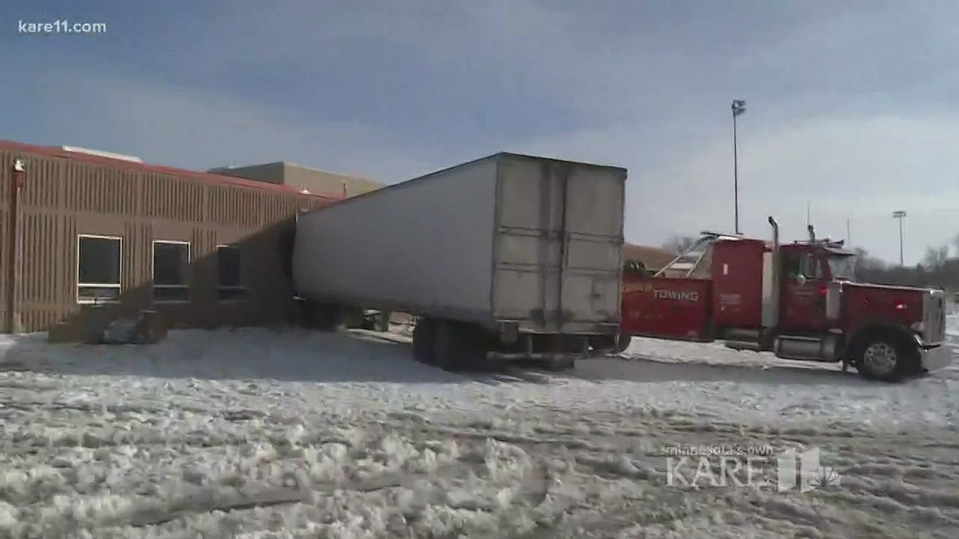Two students were taken to the hospital after a semi barreled into a school in the small community of Lyle, Minn. Tuesday. http://kare11.tv/2DbK1qZ