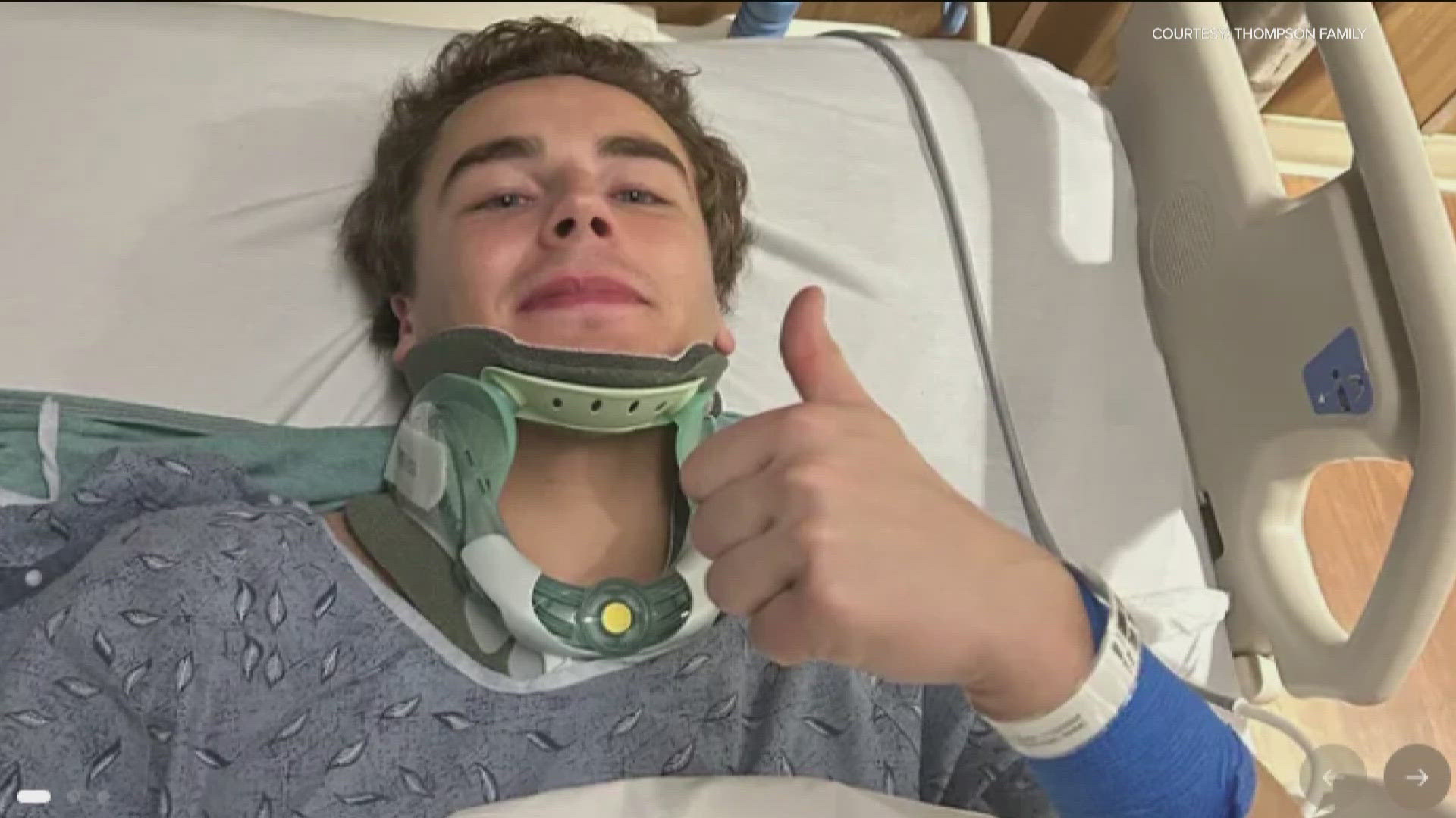 Minnesota native Justin Thompson is recovering in a Georgia hospital after suffering a cervical spine injury while playing for the Macon Mayhem on Saturday. 
