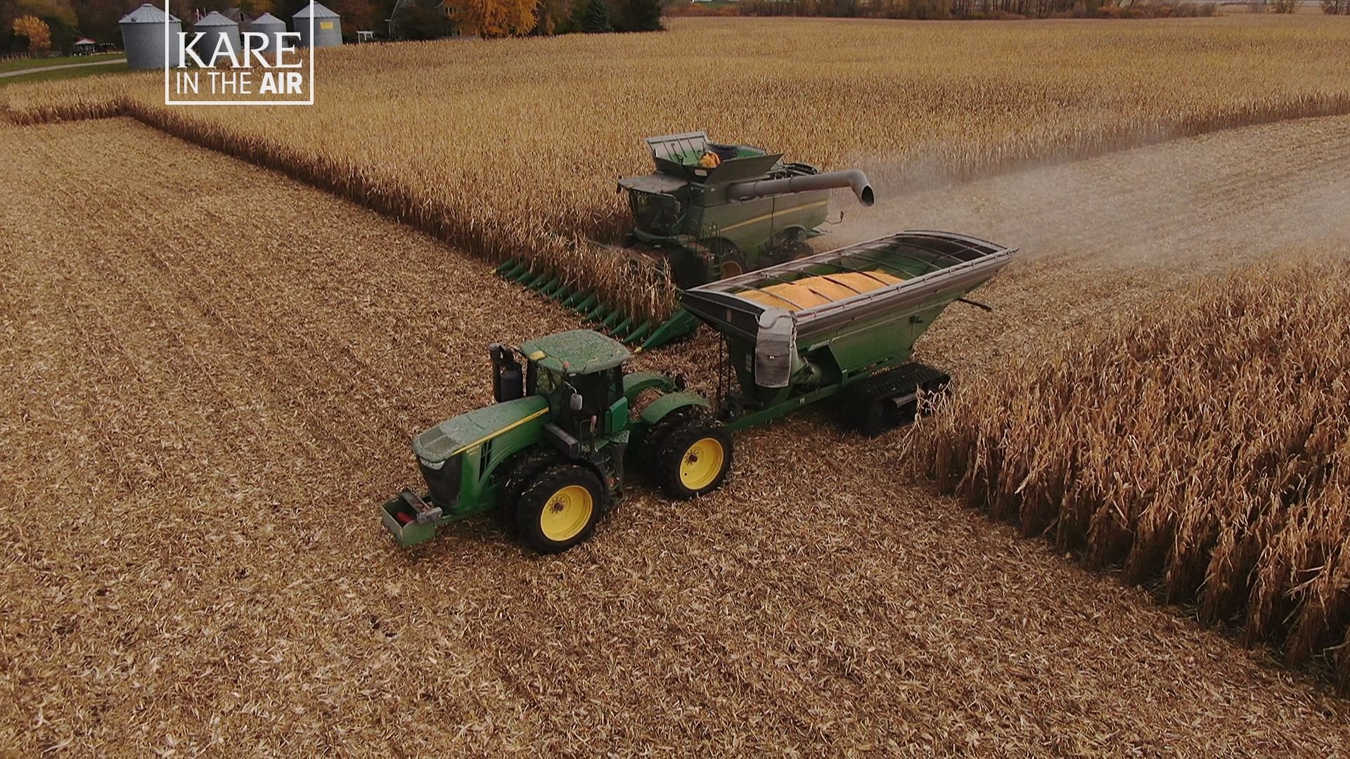 Our drone takes us above the Ryan Mackenthun farm in Brownton, MN as the crew scrambles to complete the late fall harvest.