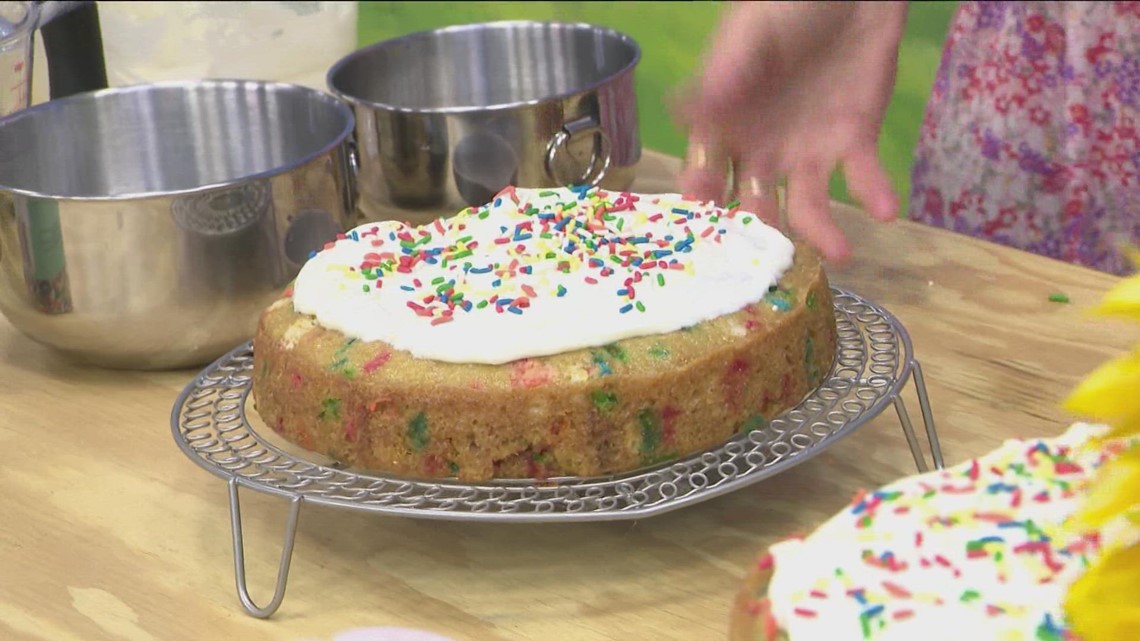 Easiest ever (no, really) Rainbow Sprinkle Snacking Cake with Cream Cheese Glaze