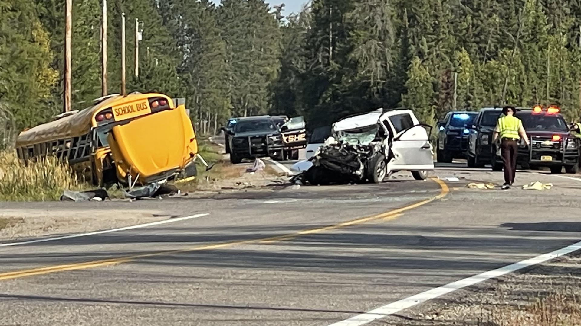 The St. Louis County Sheriff says 12 students, a school bus driver and another motorists were transported to hospitals after a two-vehicle crash near Hibbing.