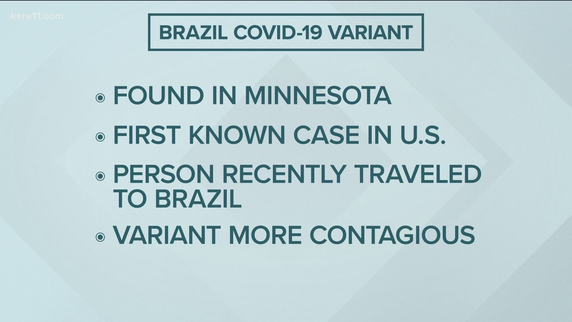 The Minnesota Department of Health reports the patient recently returned from travel to Brazil.