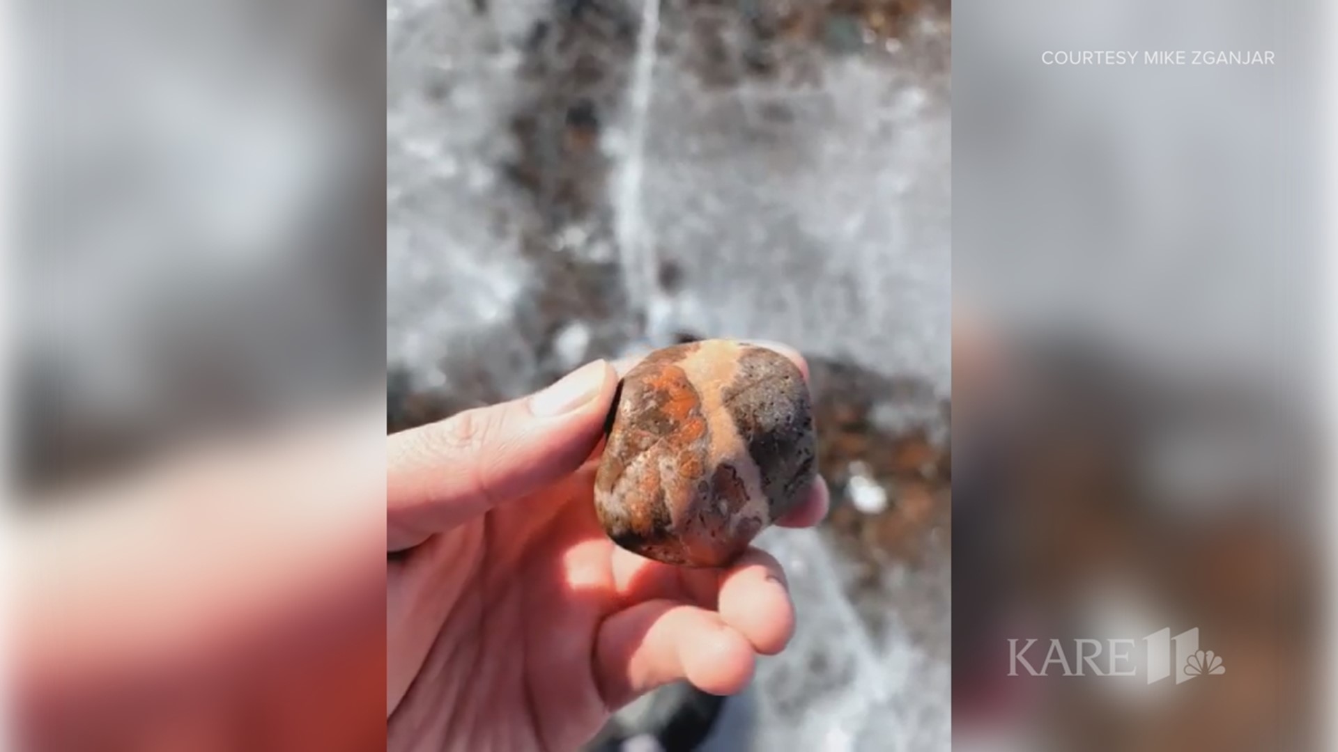 Using a hatchet, his hands and years of ice fishing experience, Mike Zganjar found about a dozen agates on a recent walk along the ice.