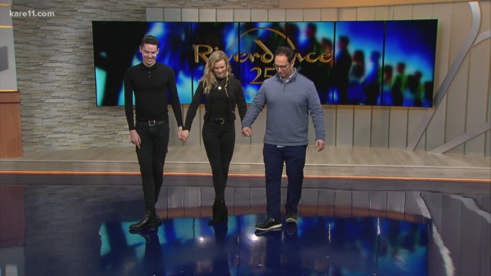 Maggie Darlington and Jason O'Neill teach Dave Schwartz a few Riverdance steps in honor of the 25th year anniversary of the show, happening at The State Theater!