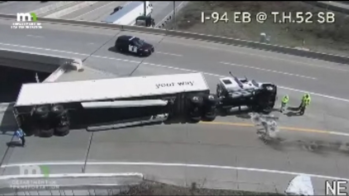 Semi truck rolls over on I-94 in St. Paul | kare11.com