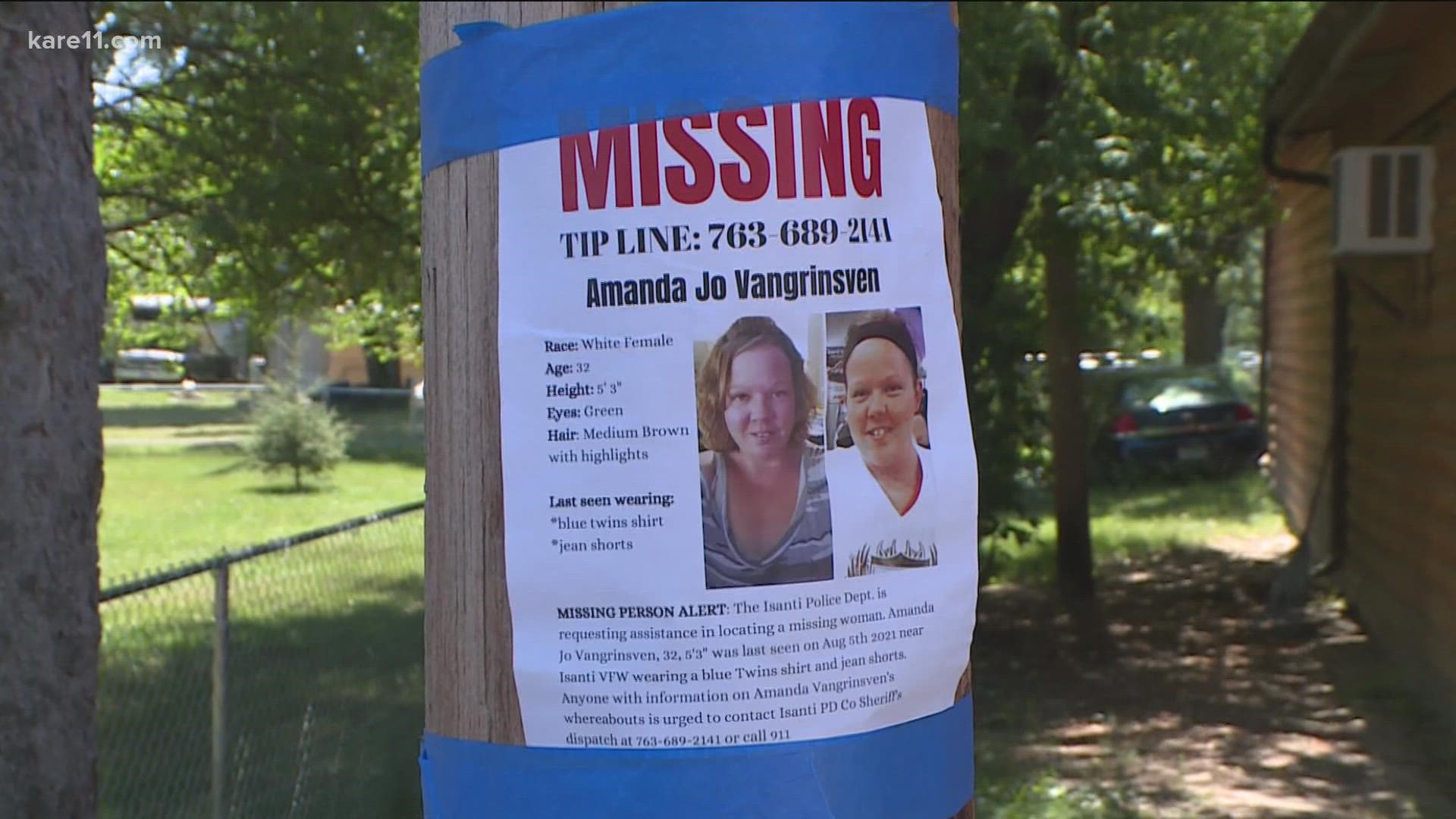 Amanda Jo Vangrinsven, 32, was reported missing on Aug. 7 after she was last seen near the Isanti VFW.