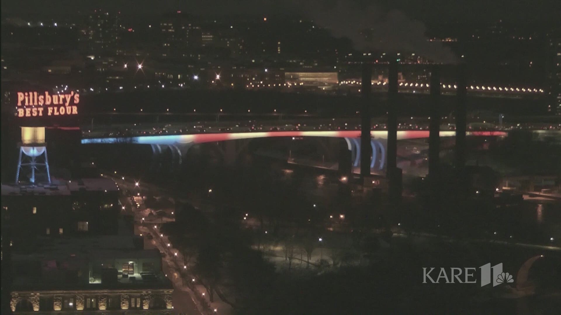 The I-35W St. Anthony Falls bridge in Minneapolis will be lit red, white and blue tonight, in honor of the 3 guardsmen lost in yesterday's helicopter crash.