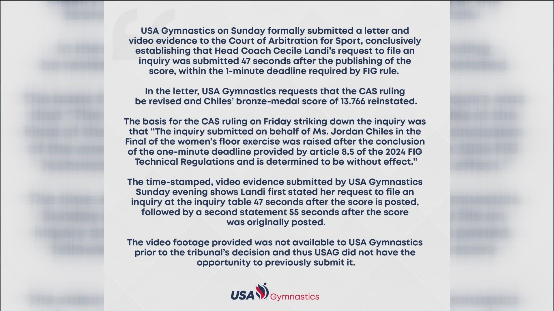 The organization formally submitted a letter and evidence in their appeal to allow Jordan Chiles to keep her bronze medal win.