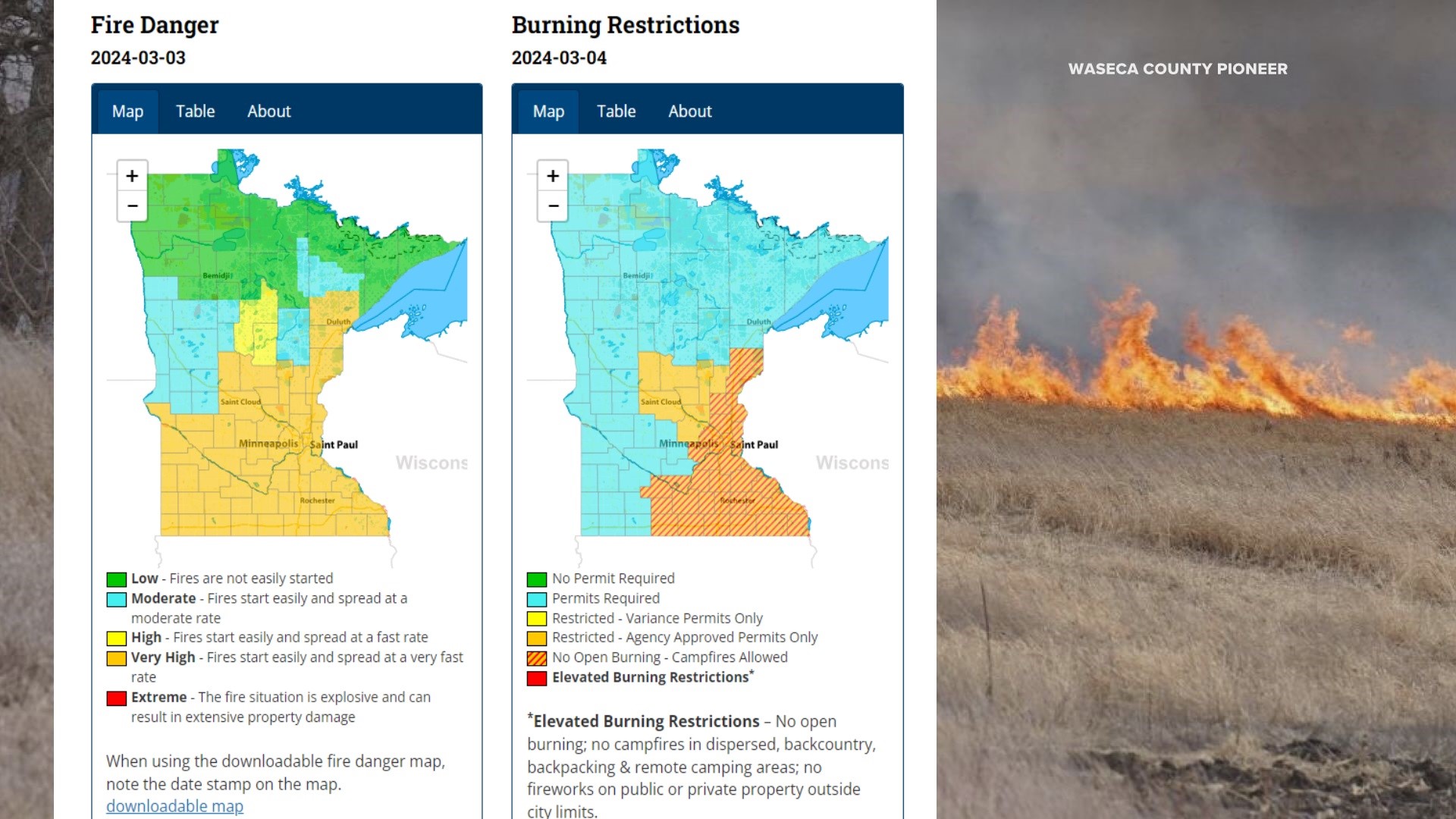 Fire danger high in MN after crews battled grass fire near Waseca