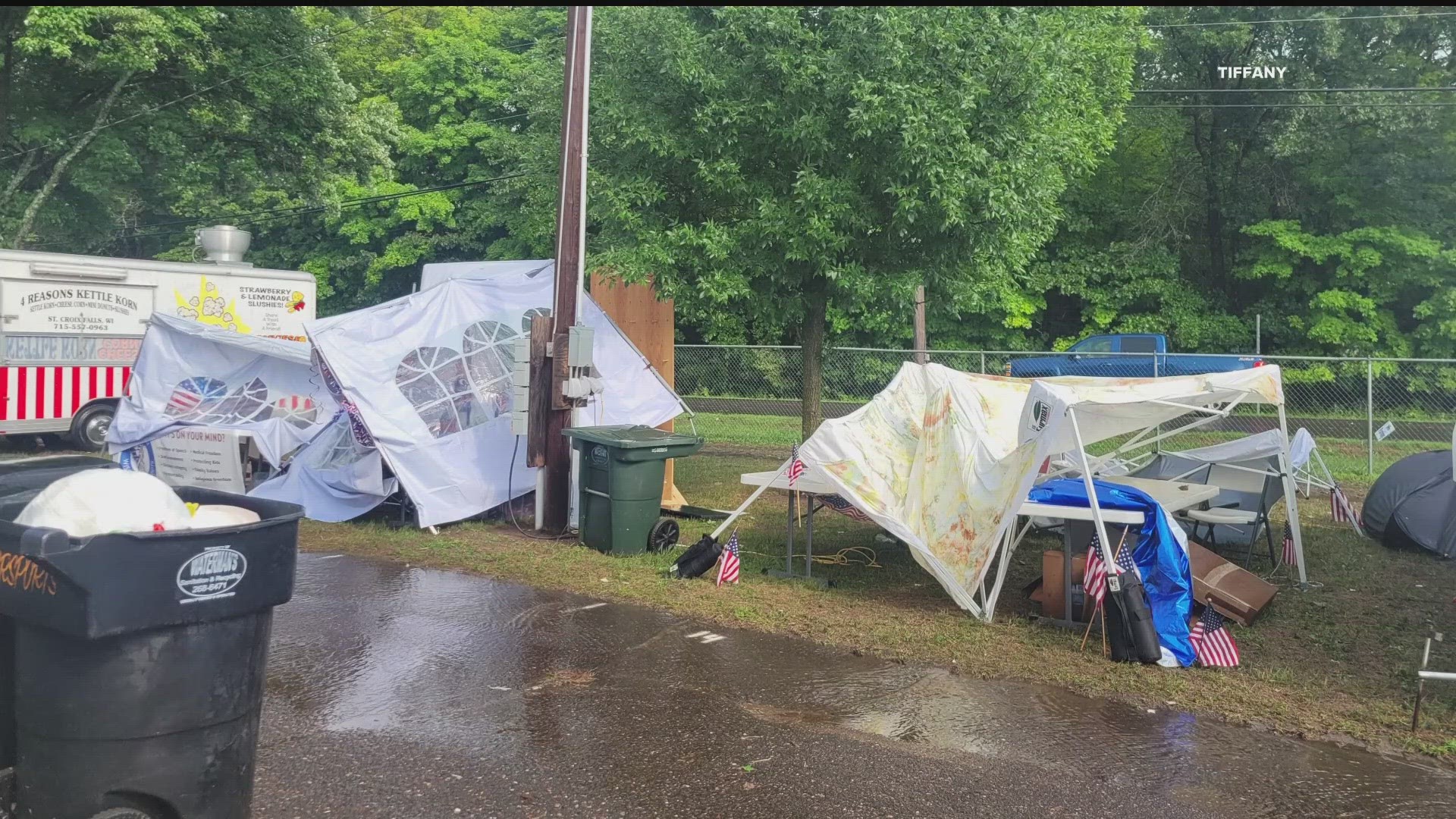 A severe storm blew into St. Croix Falls Thursday afternoon, triggering a mandatory evacuation at the county fair, knocking down tents and flooding buildings.