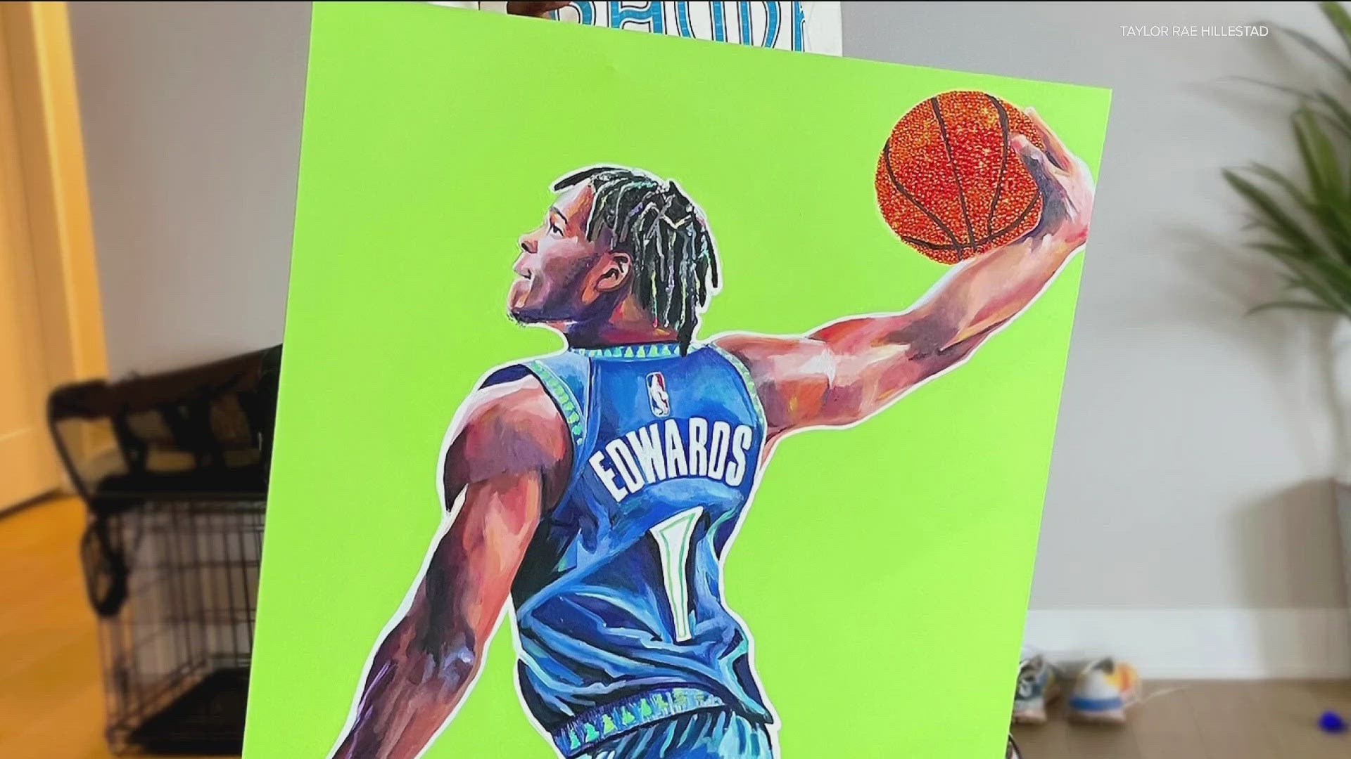 The artist paints sprawling depictions of the Minnesota favs in action and uses neon colors and rhinestones to bring them to life.