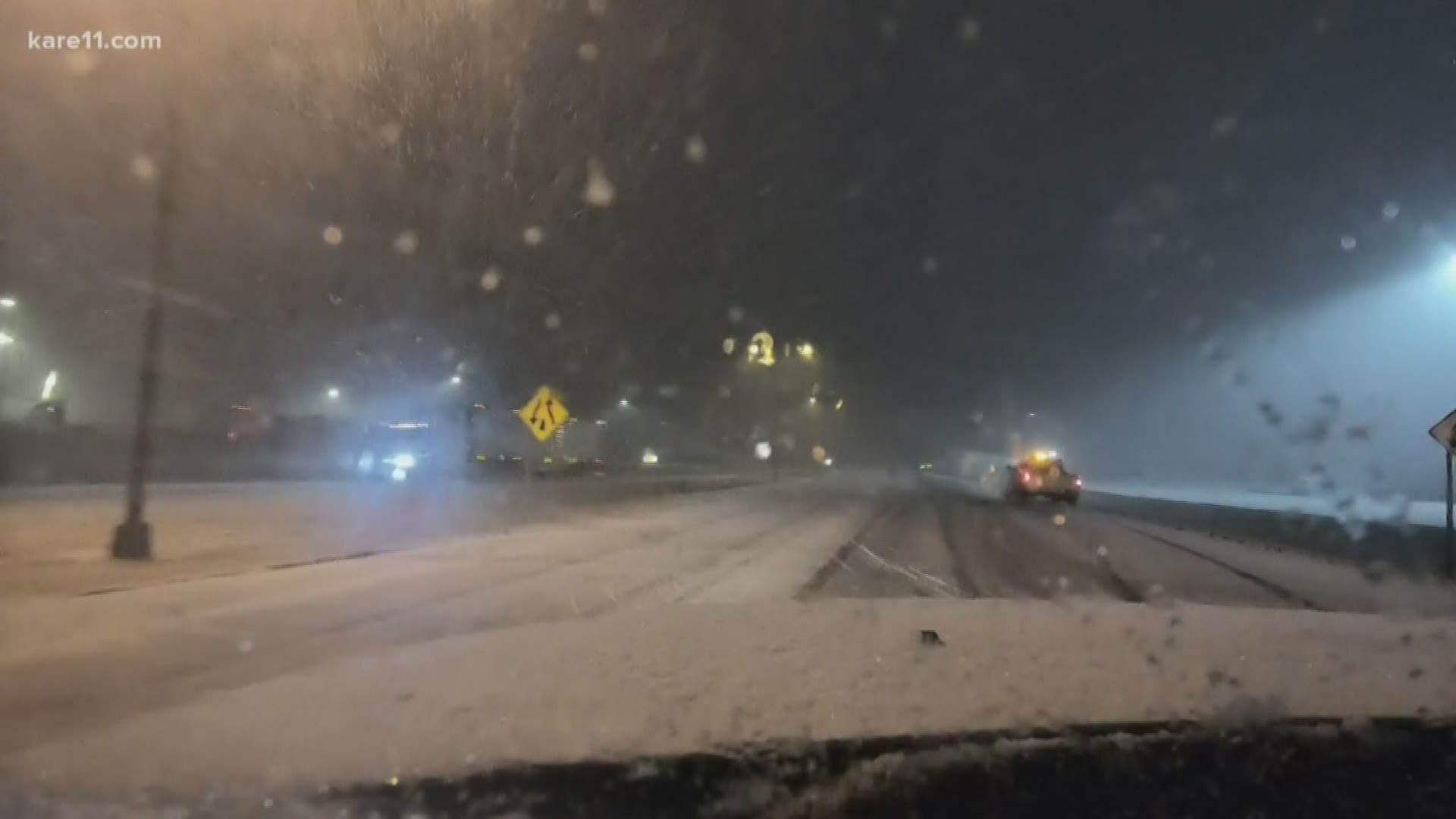 In southern Minnesota the snow started falling just after 6 p.m. and like it often does down here the wind is blowing hard making visibility on the roads a problem.