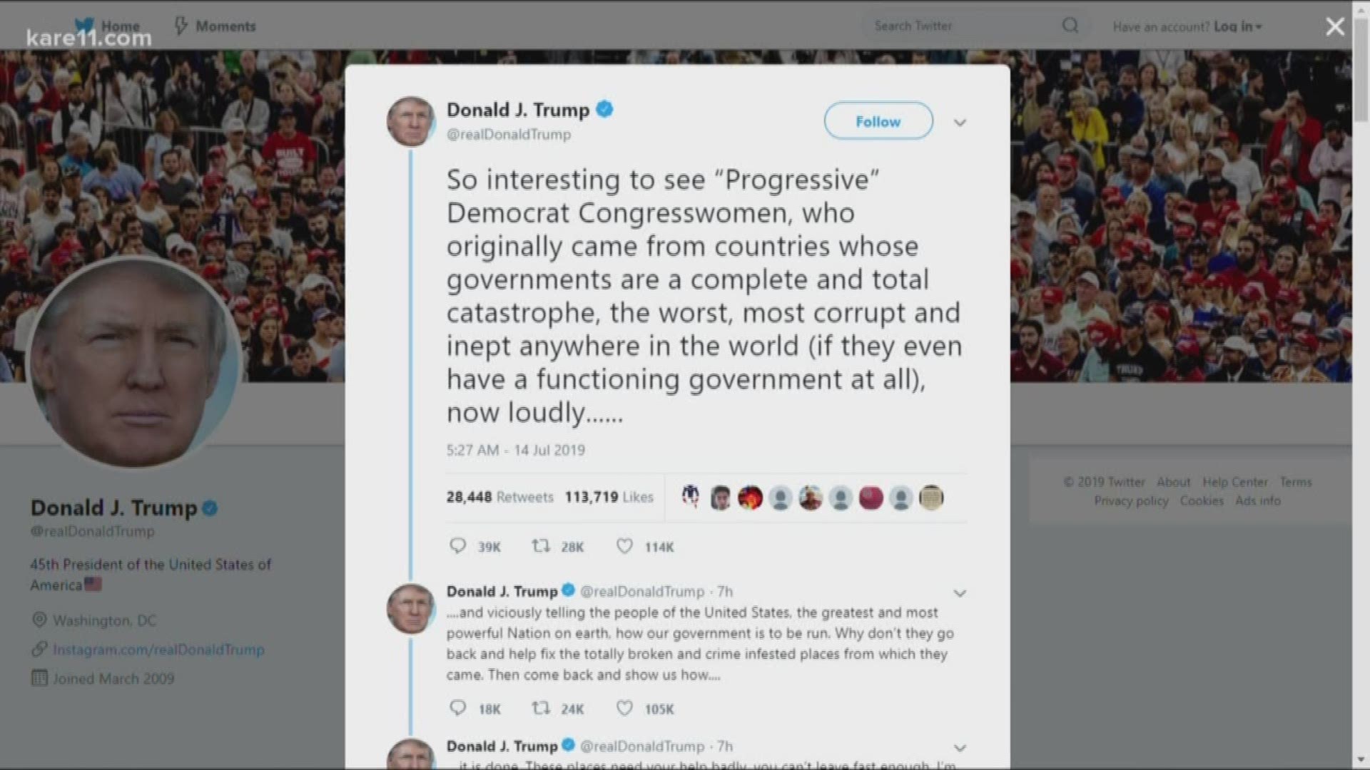 President Donald Trump said Sunday that four congresswomen of color should go back to the "broken and crime infested" countries they came from, ignoring the fact that all of the women are American citizens and three were born in the U.S. https://kare11.tv/2LUiu4D