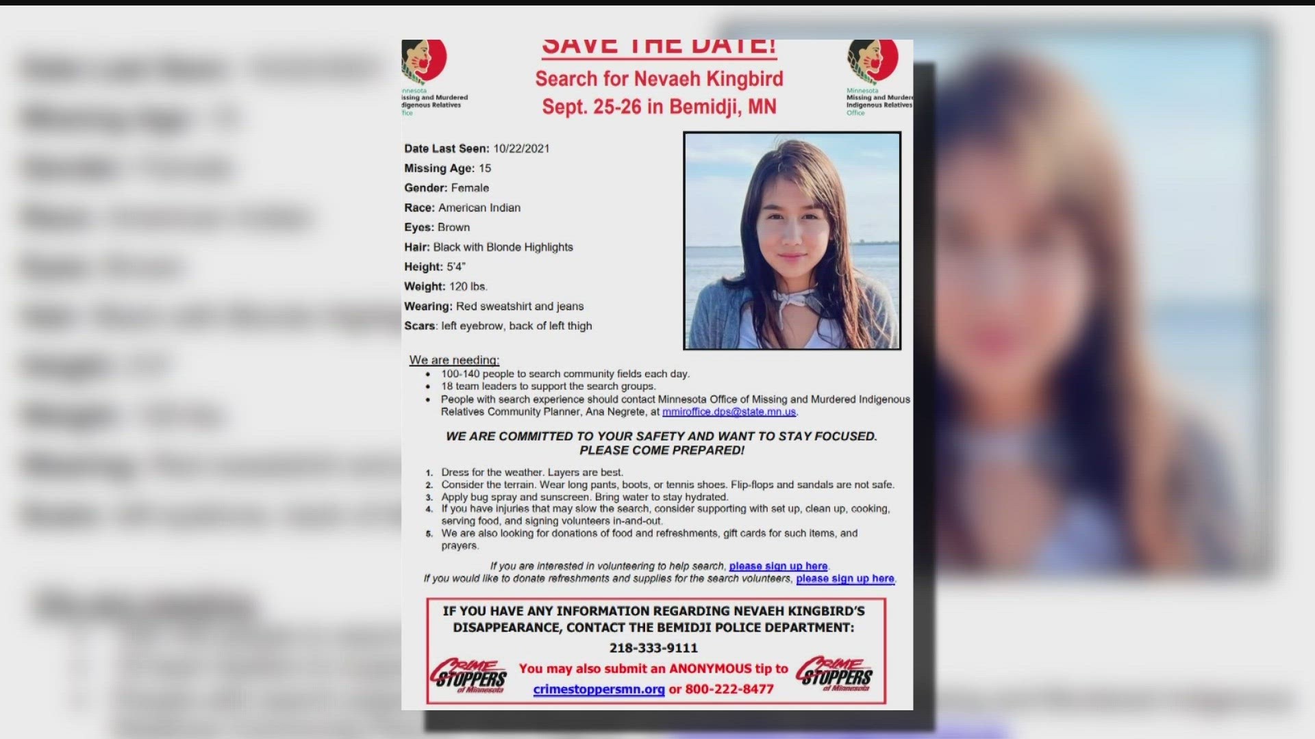 Nevaeh Kingbird disappeared in 2021 at age 15. The renewed search now includes Minnesota's Missing and Murdered Indigenous Relatives Office.