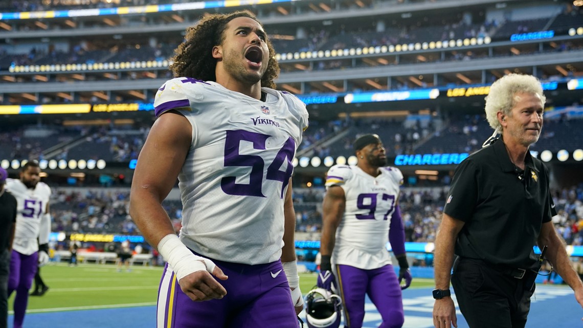 Minnesota Vikings fullback C.J. Ham (30) dives across the goal line on a  play that was called back on penalty during the first half of an NFL  football game against the Los