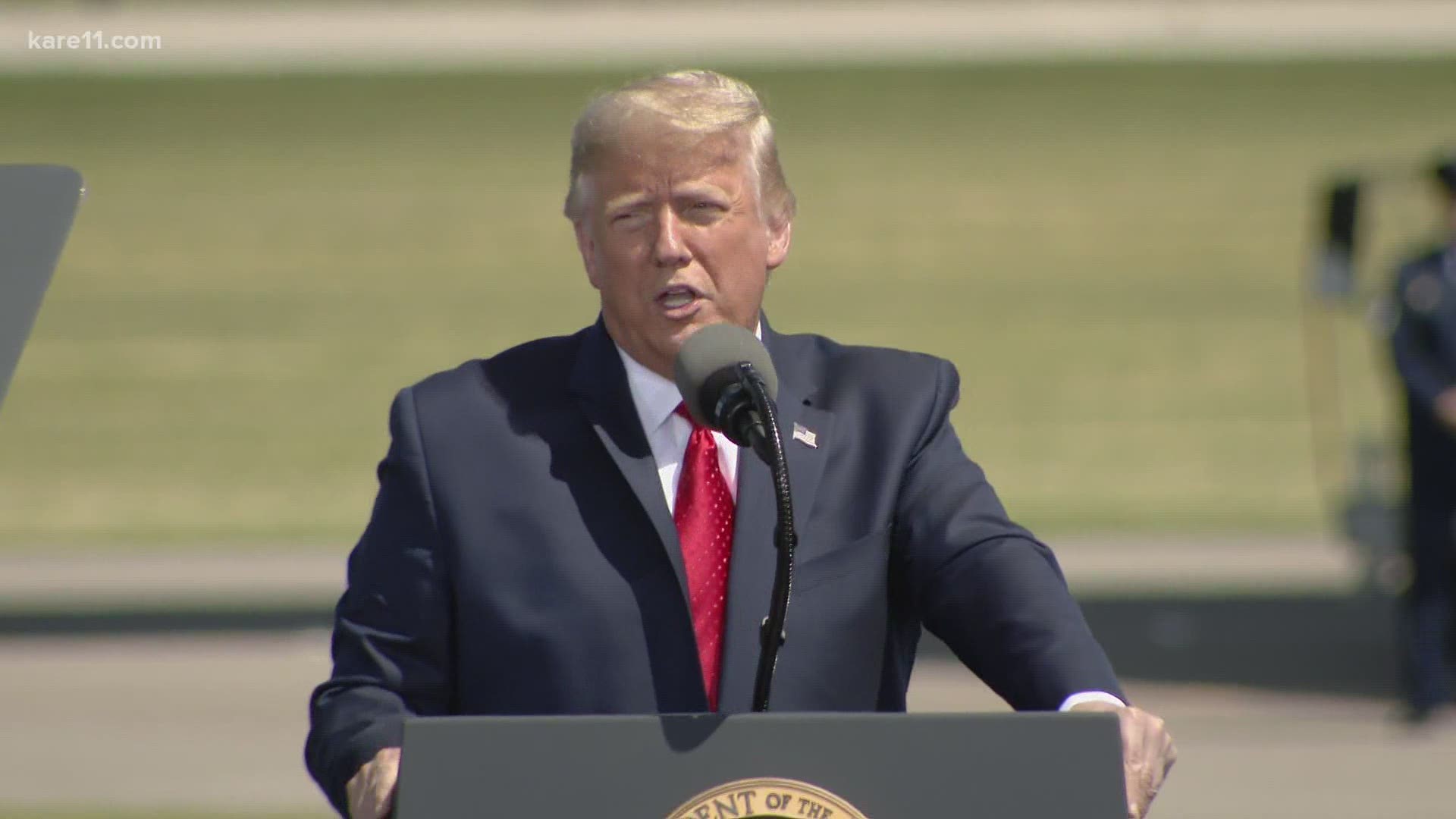 The president made some remarks after landing at Minneapolis St. Paul International Airport, then headed south for a stop at North Star Aviation in Mankato at 2 p.m.