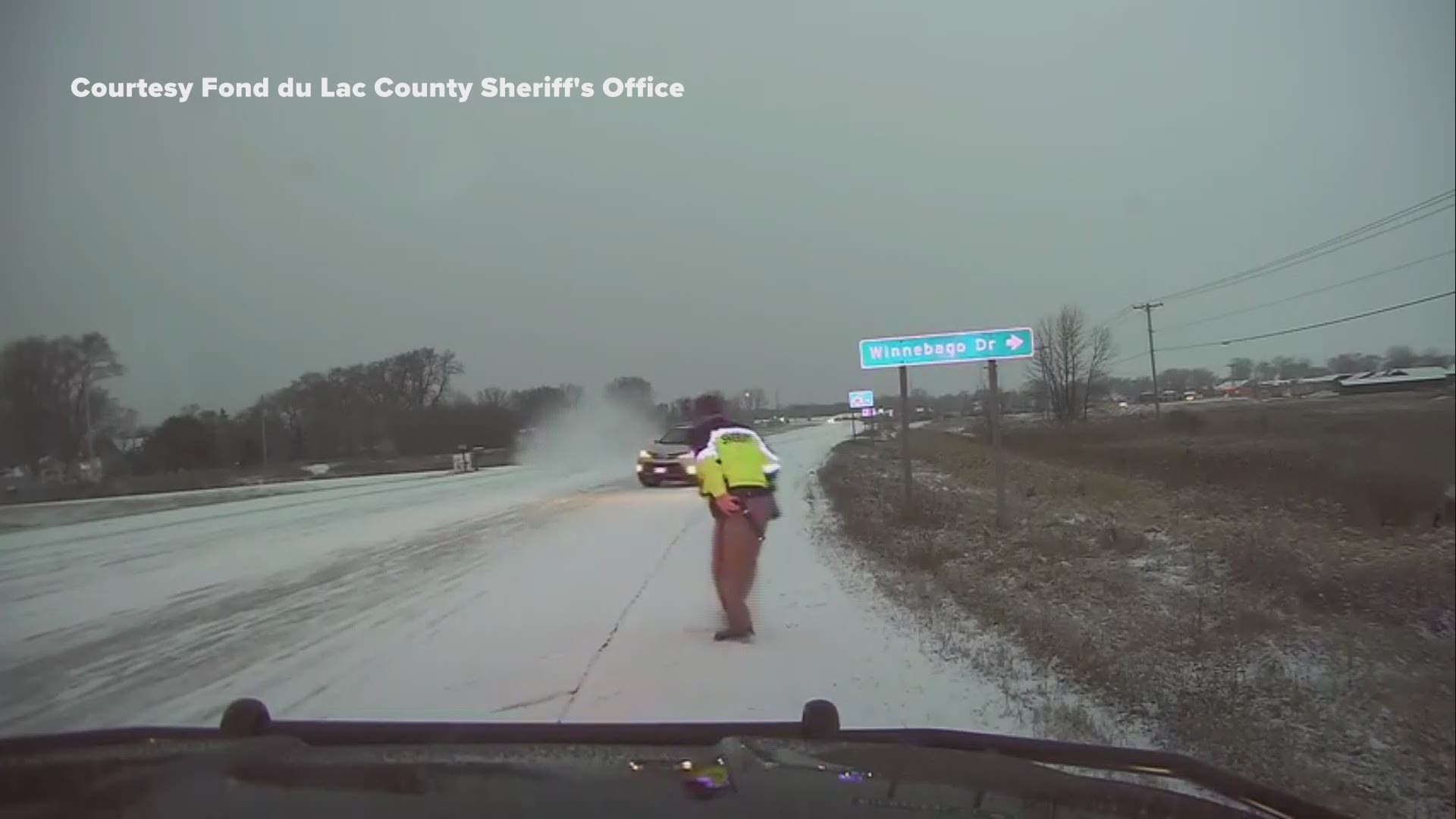 The Fond du Lac County Sheriff's Office released this jarring video on Facebook, reminding drivers to slow down on winter roads.