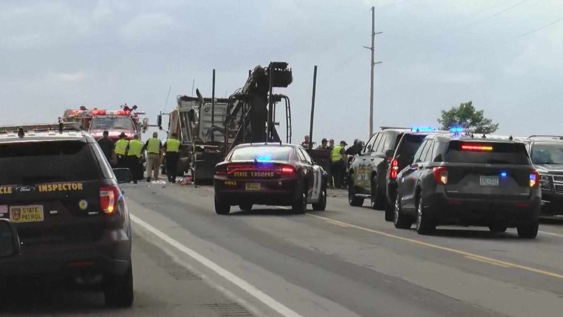 The State Patrol says a semi struck several vehicles stopped in construction zone traffic Wednesday afternoon.