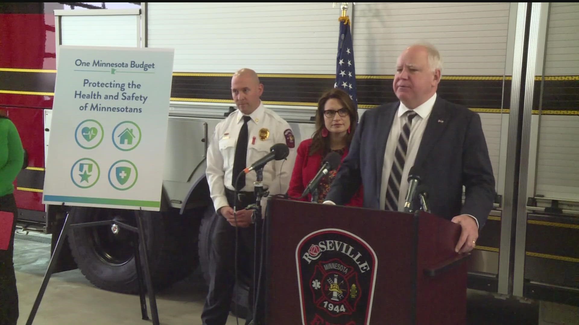The Democratic governor went to the Roseville Fire Department Monday to highlight the health, safety and housing components of his two-year budget proposal.