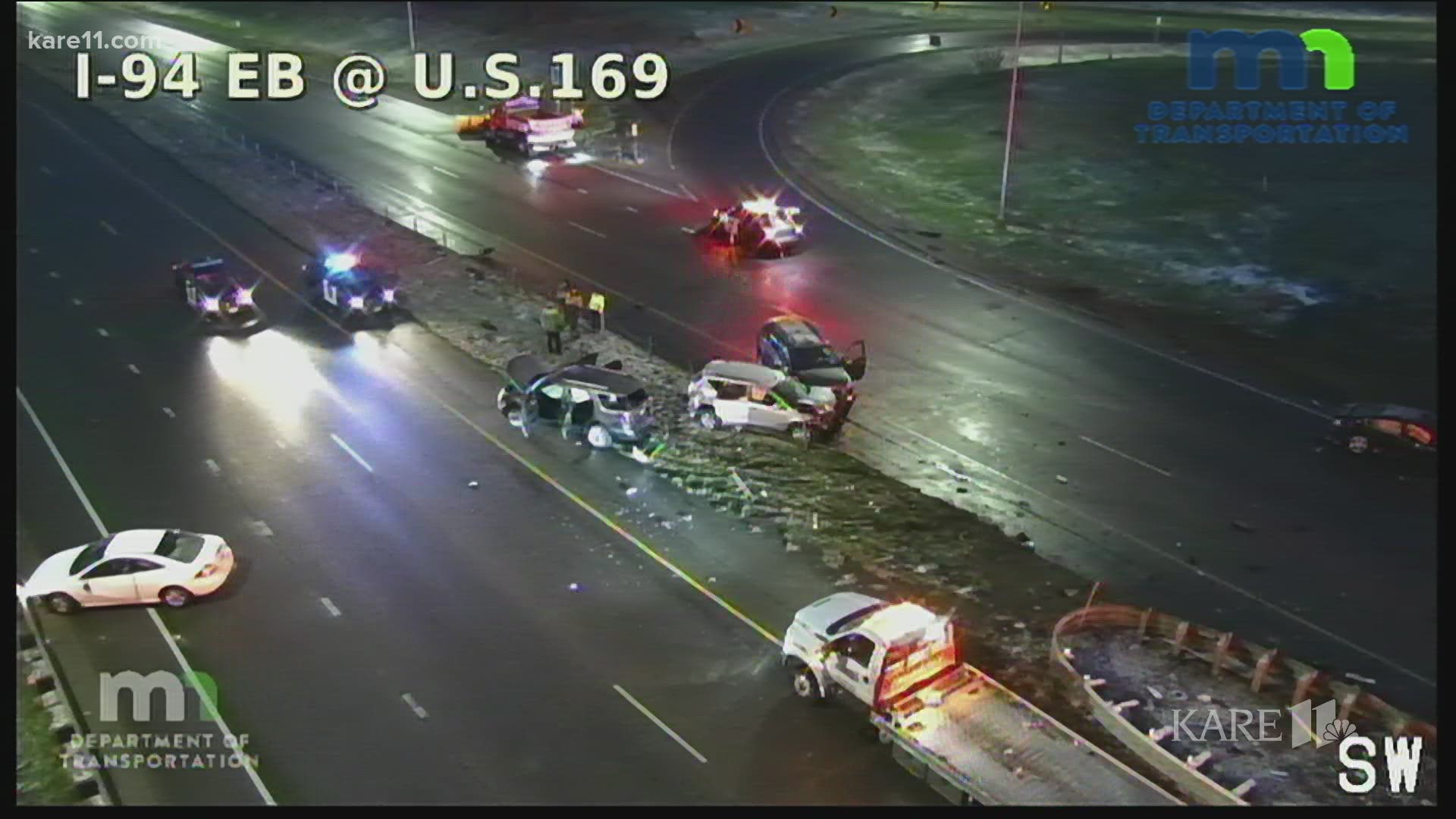 Slick conditions Wednesday morning triggered a multi-vehicle crash on Highway 169 at I-94 in Brooklyn Park, closing the busy stretch in both directions.