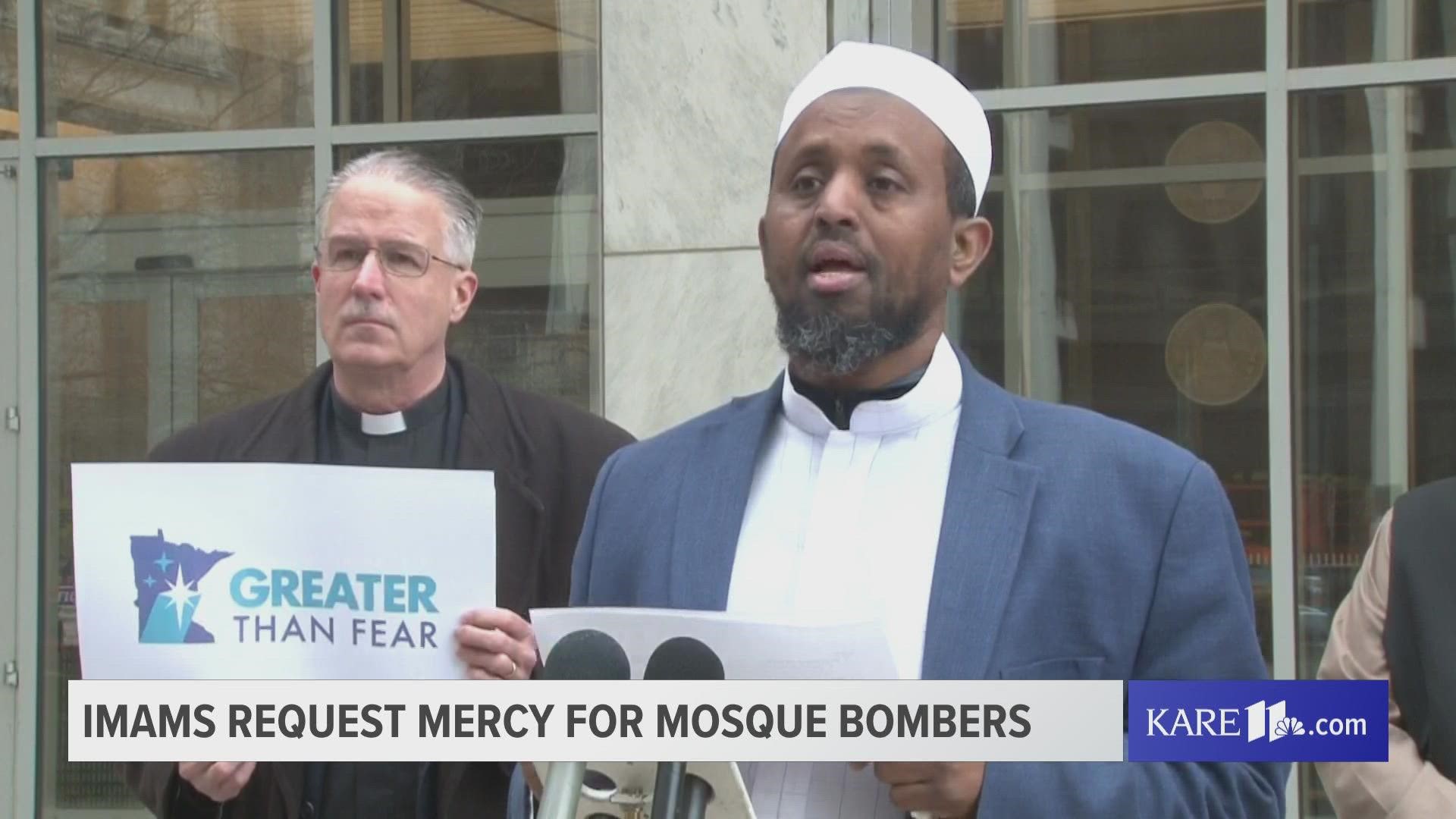 A coalition of faith leaders, including Imams from the Dar al-Farooq Islamic Center, are asking for leniency when two men are sentenced in the 2017 mosque bombing.