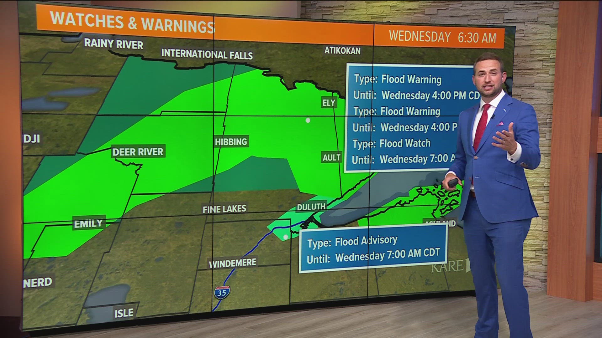 The Flash Flood Warnings have subsided, but Flood Warnings remain Wednesday in Duluth, Ely and other areas in northern Minnesota.