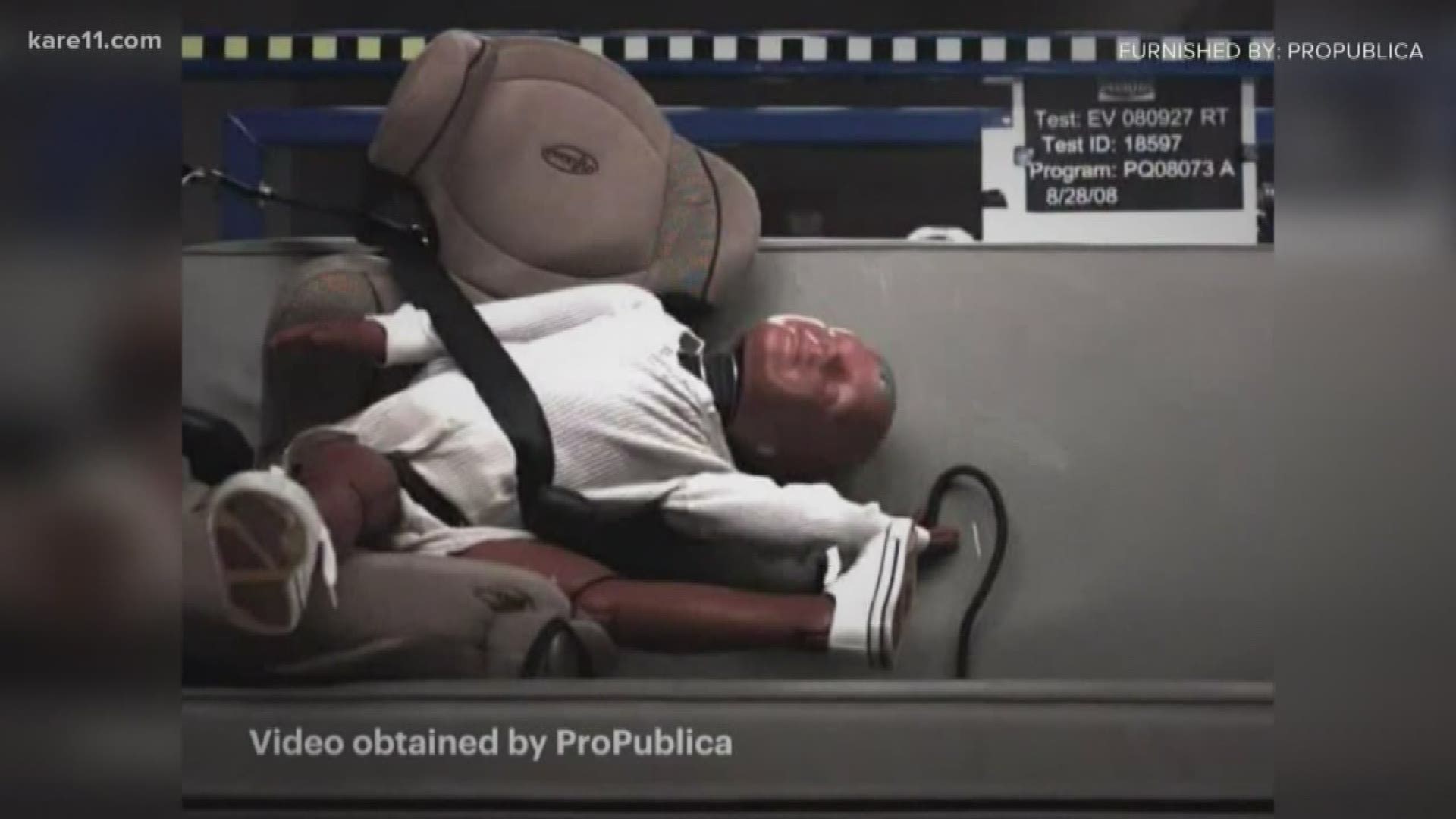 Videos from side-impact crash tests, obtained by ProPublica, showed a dummy being tossed around in a child's booster seat.