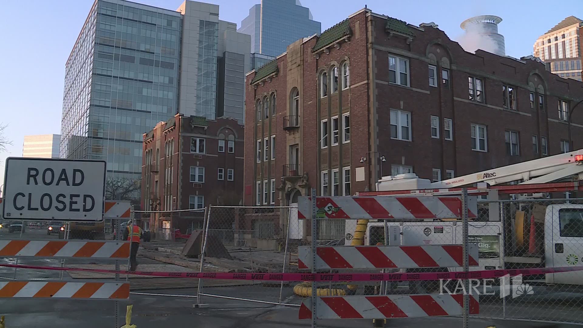 Crews prepare to begin demolition work at the Drake Hotel in Minneapolis, which was damaged by fire on Christmas Day.