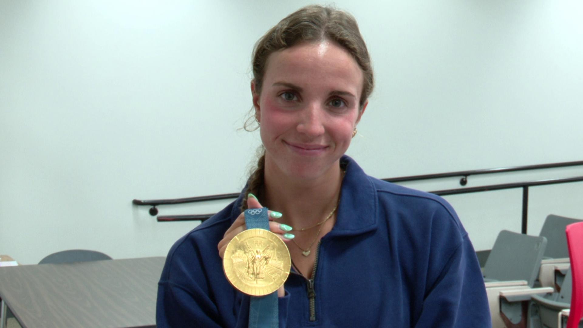 KARE 11 Sports' Will Hall talks with Olympic gold medalist and Lakeville native Regan Smith following her return from the 2024 Paris Games.