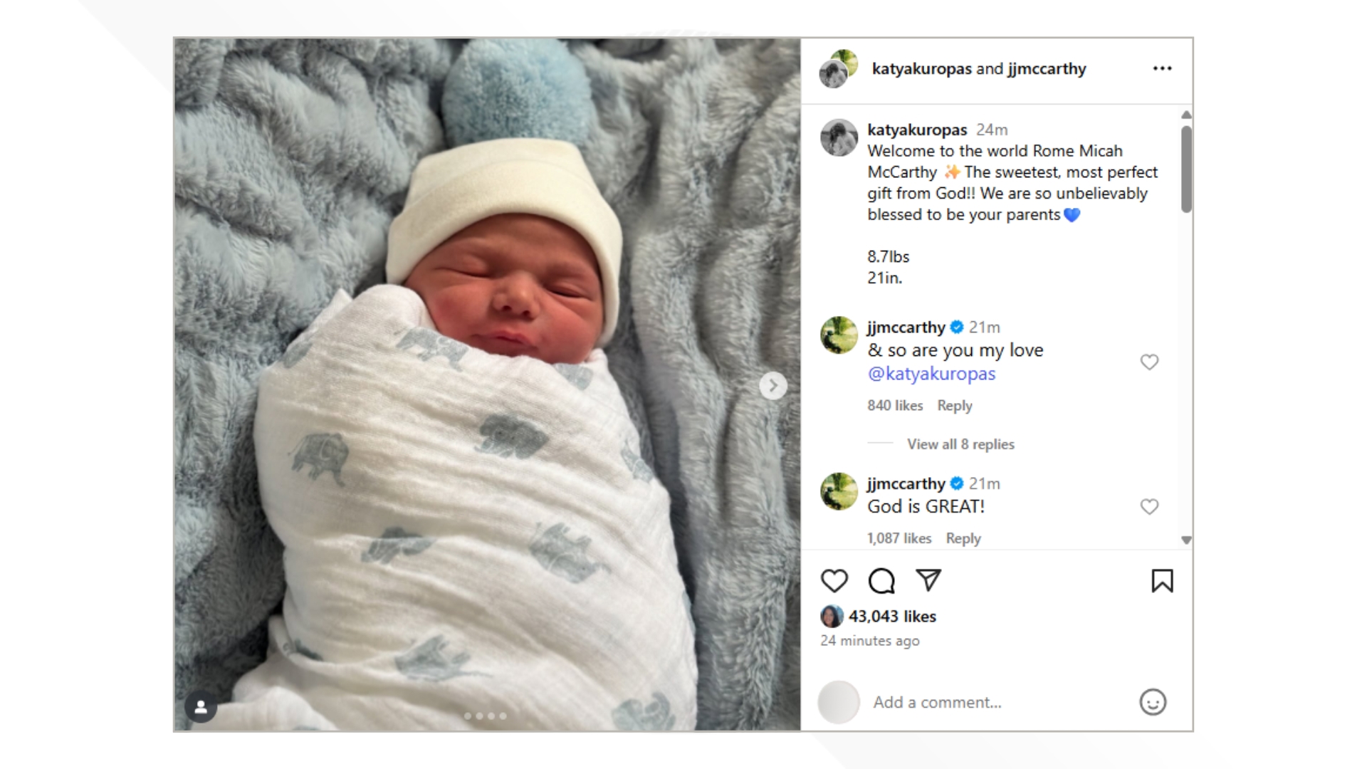 Vikings QB McCarthy and his fiancée, Katya Kuropas, welcomed Rome Micah McCarthy into the world.