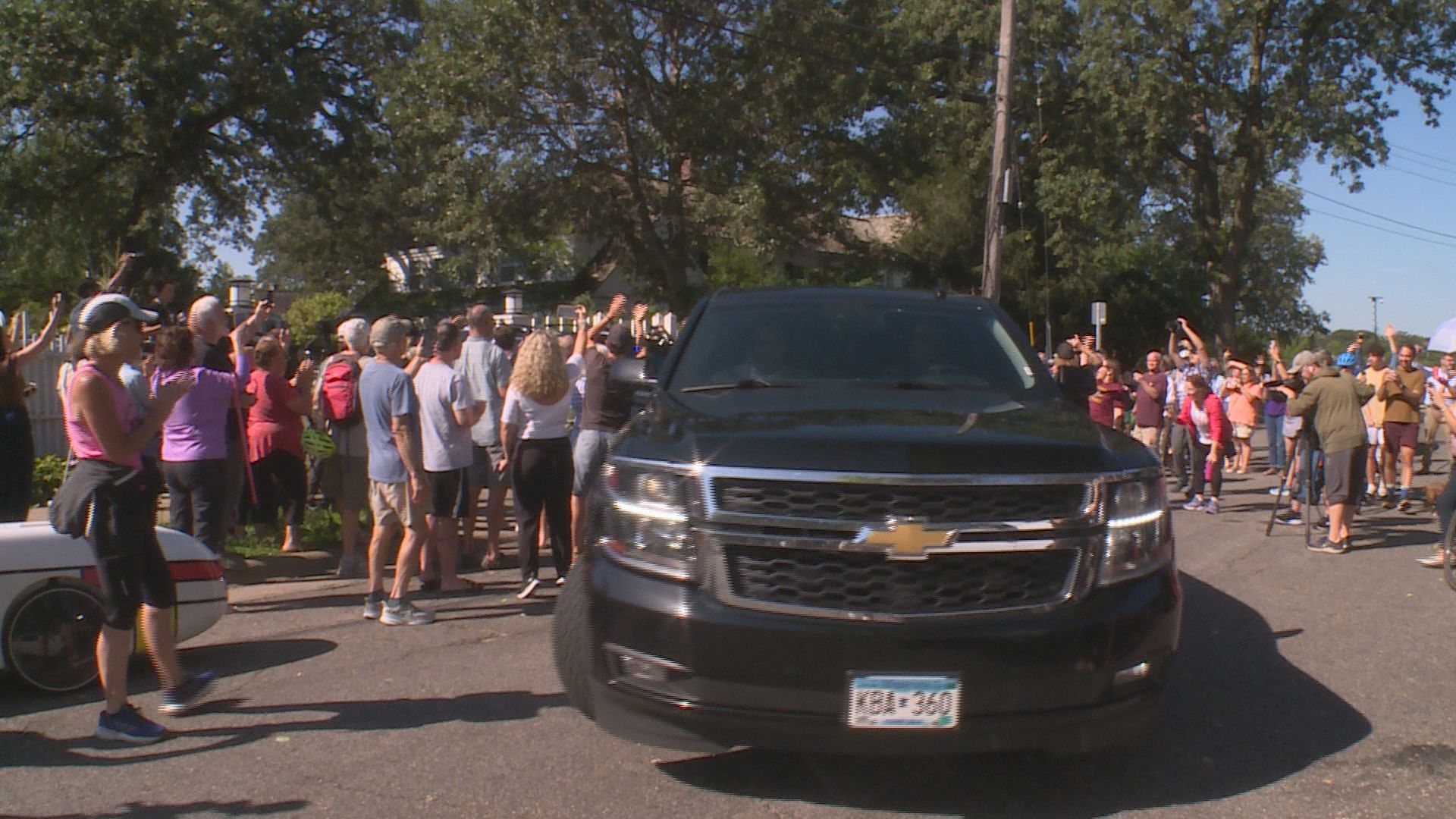 A crowd gathered outside the Governor's residence cheered wildly as Tim Walz left for a rally in Philadelphia as the Democratic VP nominee.