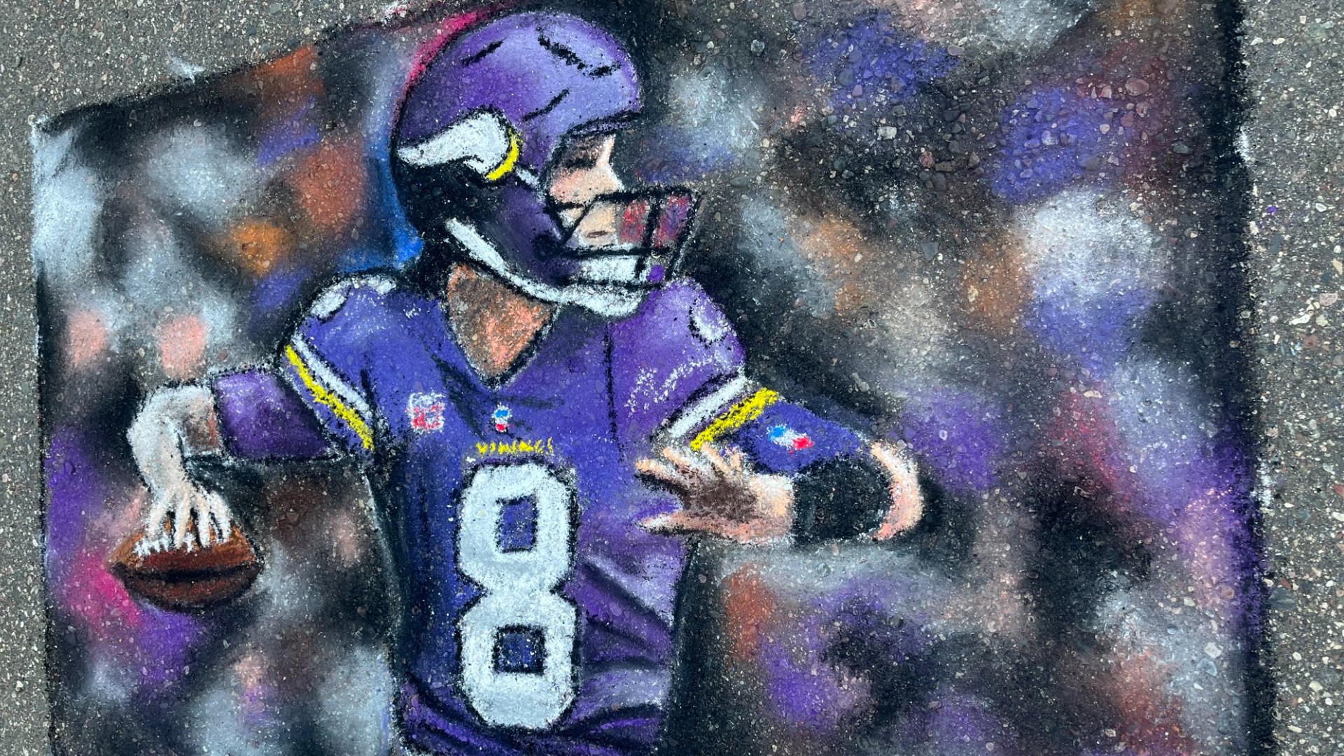 To celebrate the return of Vikings football, chalk artist Shawn McCann created a portrait of quarterback Kirk Cousins in a parking lot outside KARE 11.