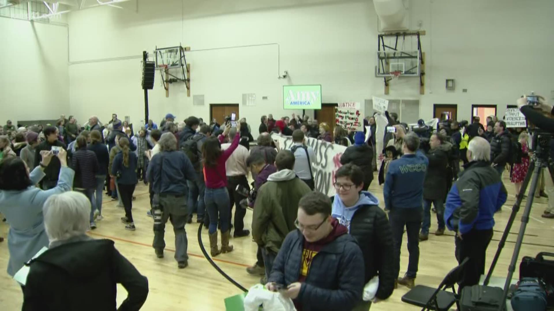 Minnesota activists held a rally, which led to the cancellation of Amy Klobuchar's pre-Super Tuesday campaign event at St. Louis Park High School Sunday evening.
