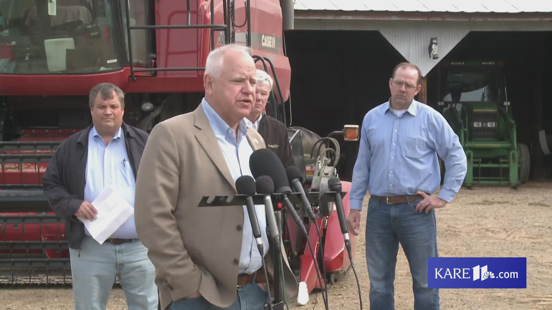 Governor Tim Walz and state ag commissioner Thom Petersen visited a Dakota County farm Friday to discuss a financial package to help farmers impacted by drought.