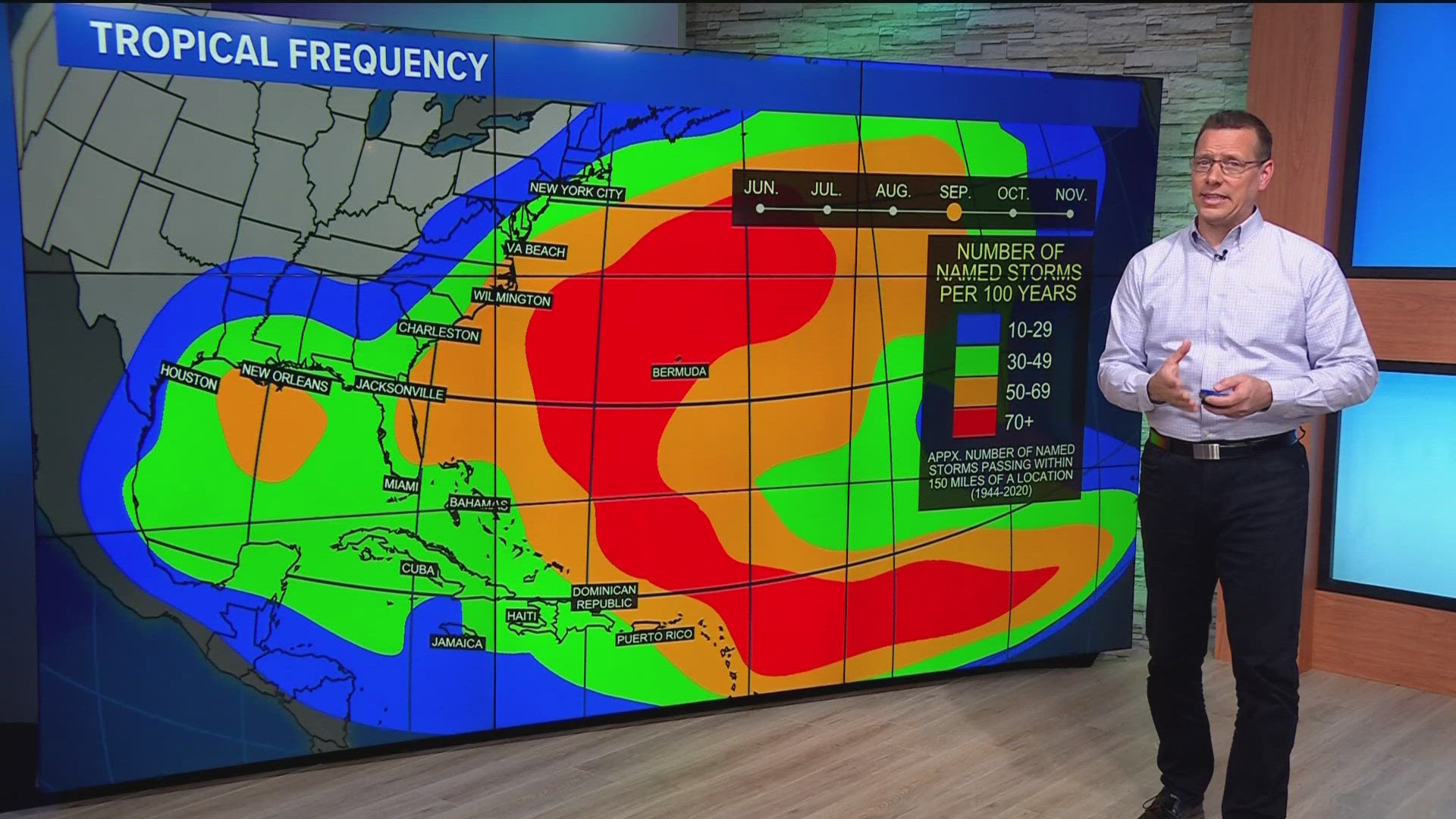 Peak activity in the Atlantic hurricane season happens from late August through September, with a midpoint on September 10.