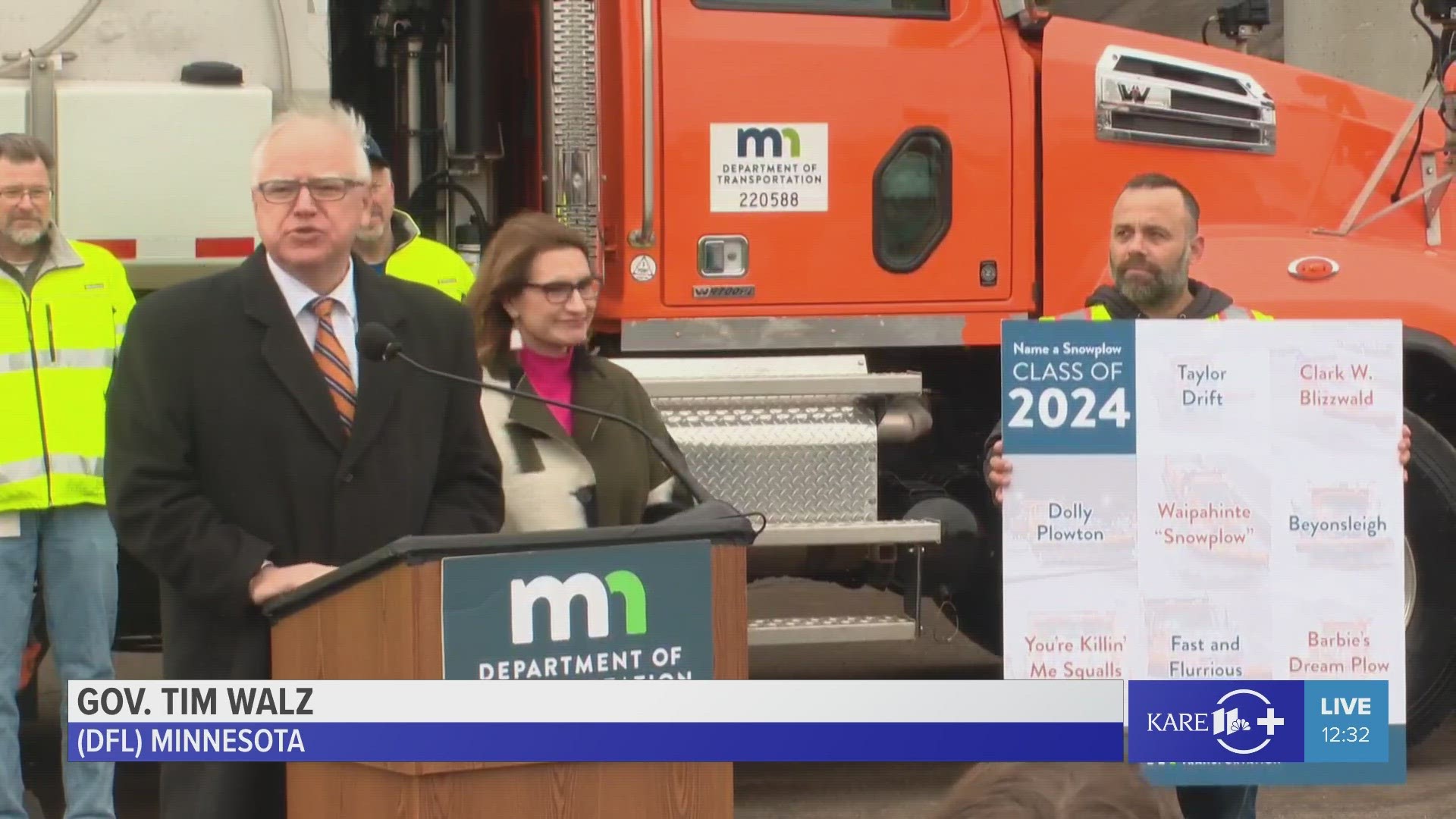 Gov. Tim Walz had the honor of taking the wraps off the eight names chosen as winners of the 2024 "Name a Snowplow" contest.