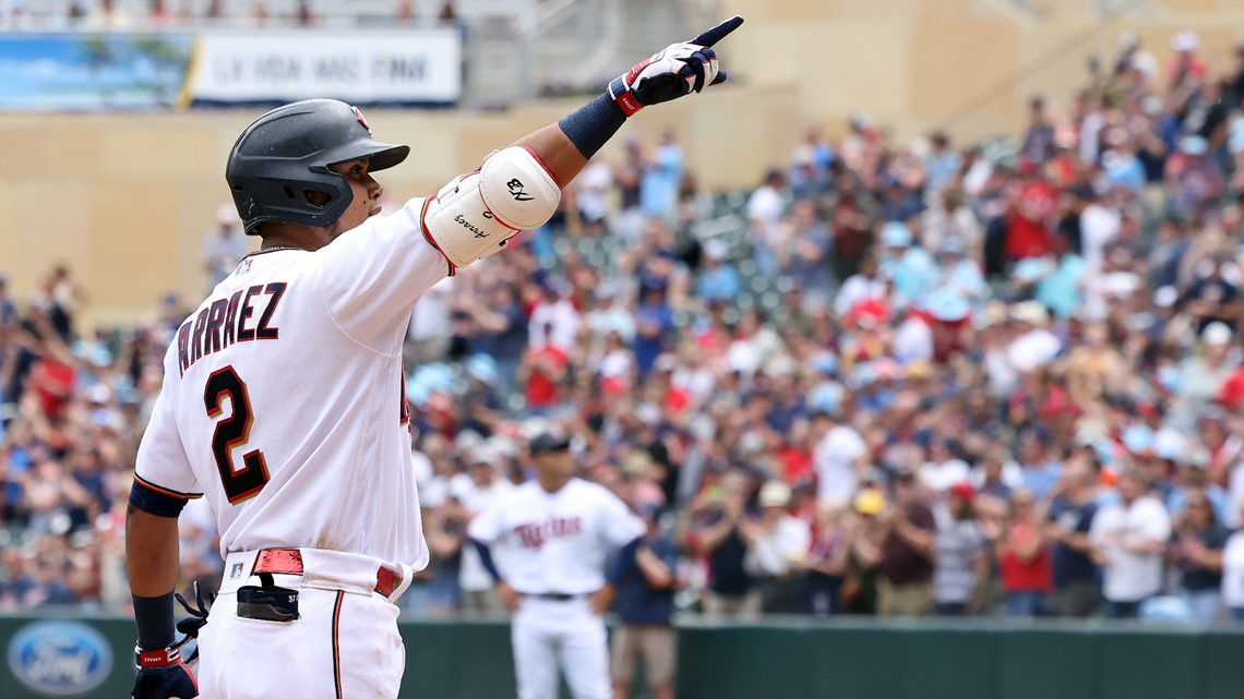 Minnesota Twins' Luis Arraez reacts after hitting a single during the sixth  inning of a baseball game against the Tampa Bay Rays, Saturday, June 11,  2022, in Minneapolis. (AP Photo/Stacy Bengs Stock