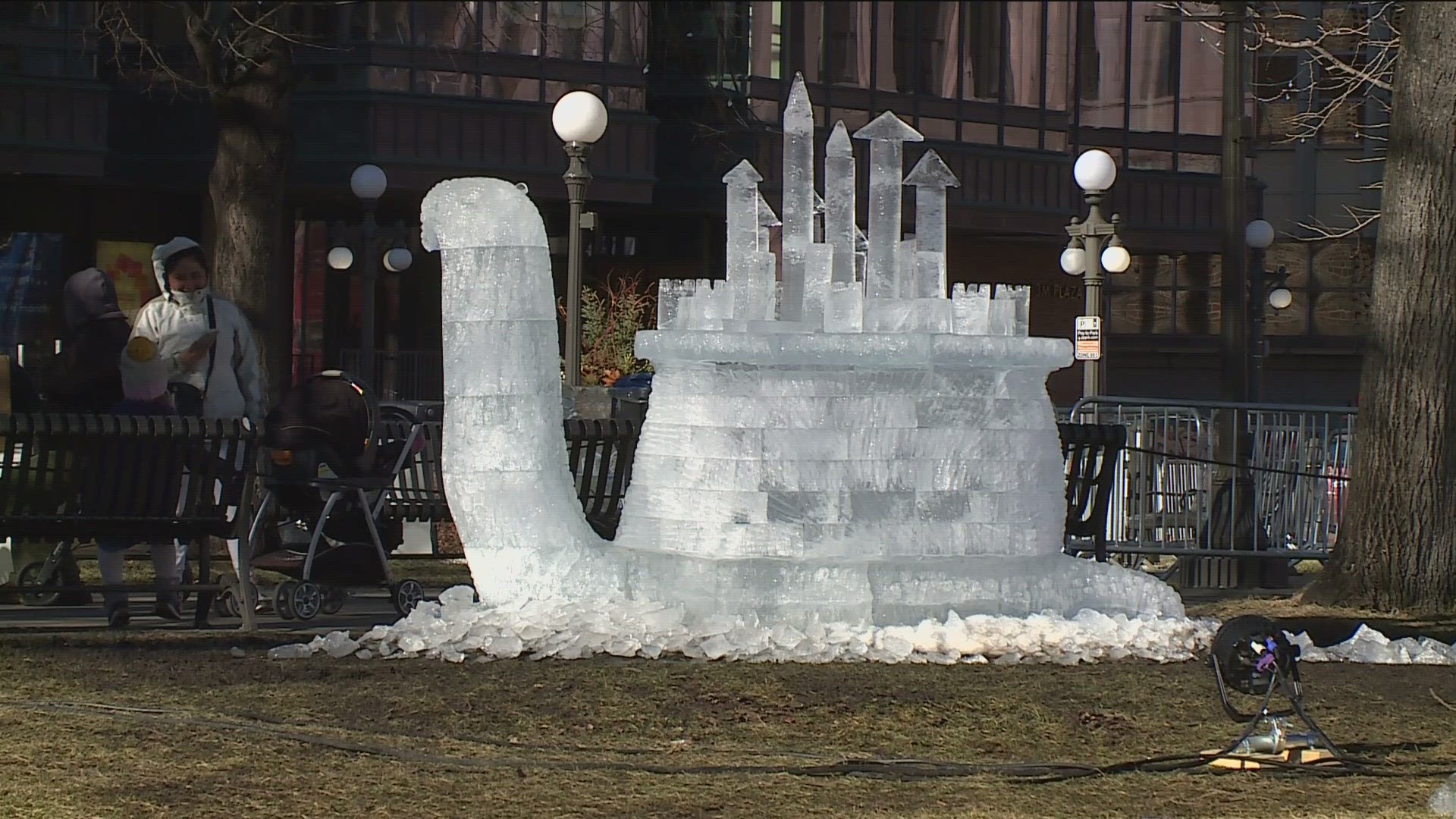 Ice sculptures of a hockey goalie, mermaid, monster, orchid and rose are ready for viewing in Rice Park.