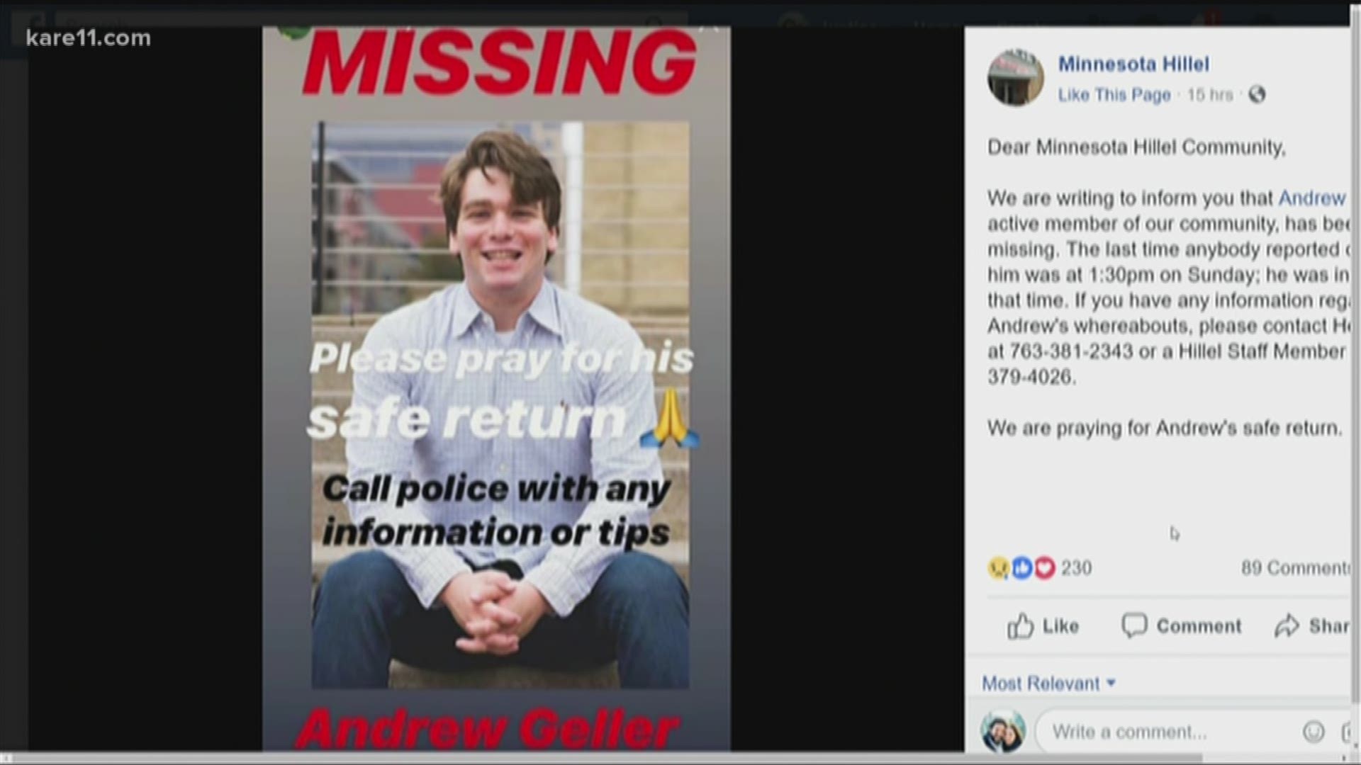 Andrew Geller, an active member of the Hillel community, hasn't been heard from since Sunday afternoon. https://kare11.tv/2MoZcCw